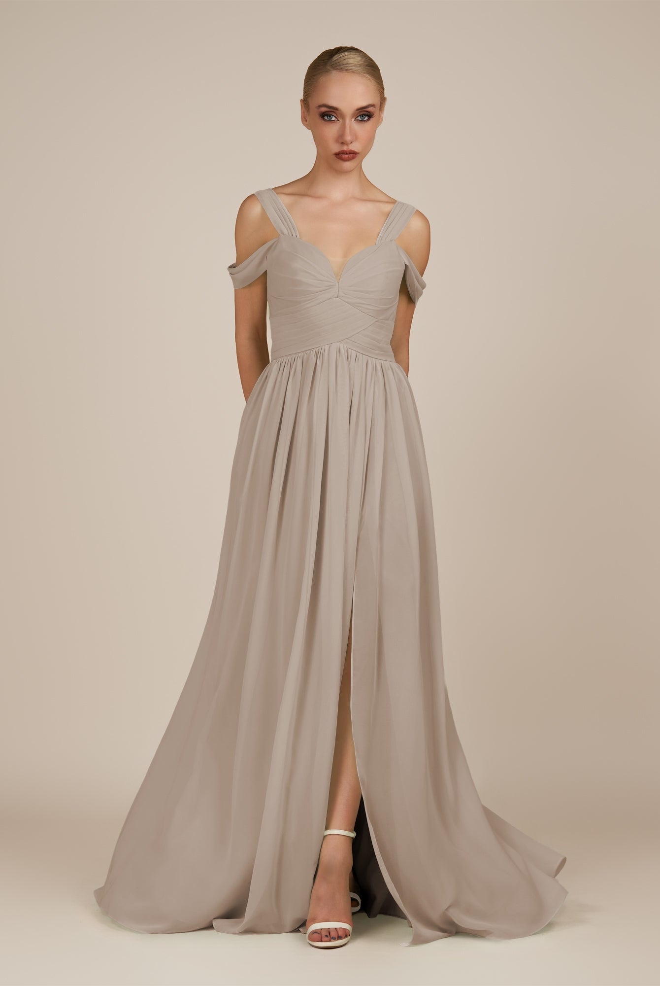 KissDress-Faye Frost A Line Chiffon Off the Shoulder Pleated Long Bridesmaid Dress with Slit