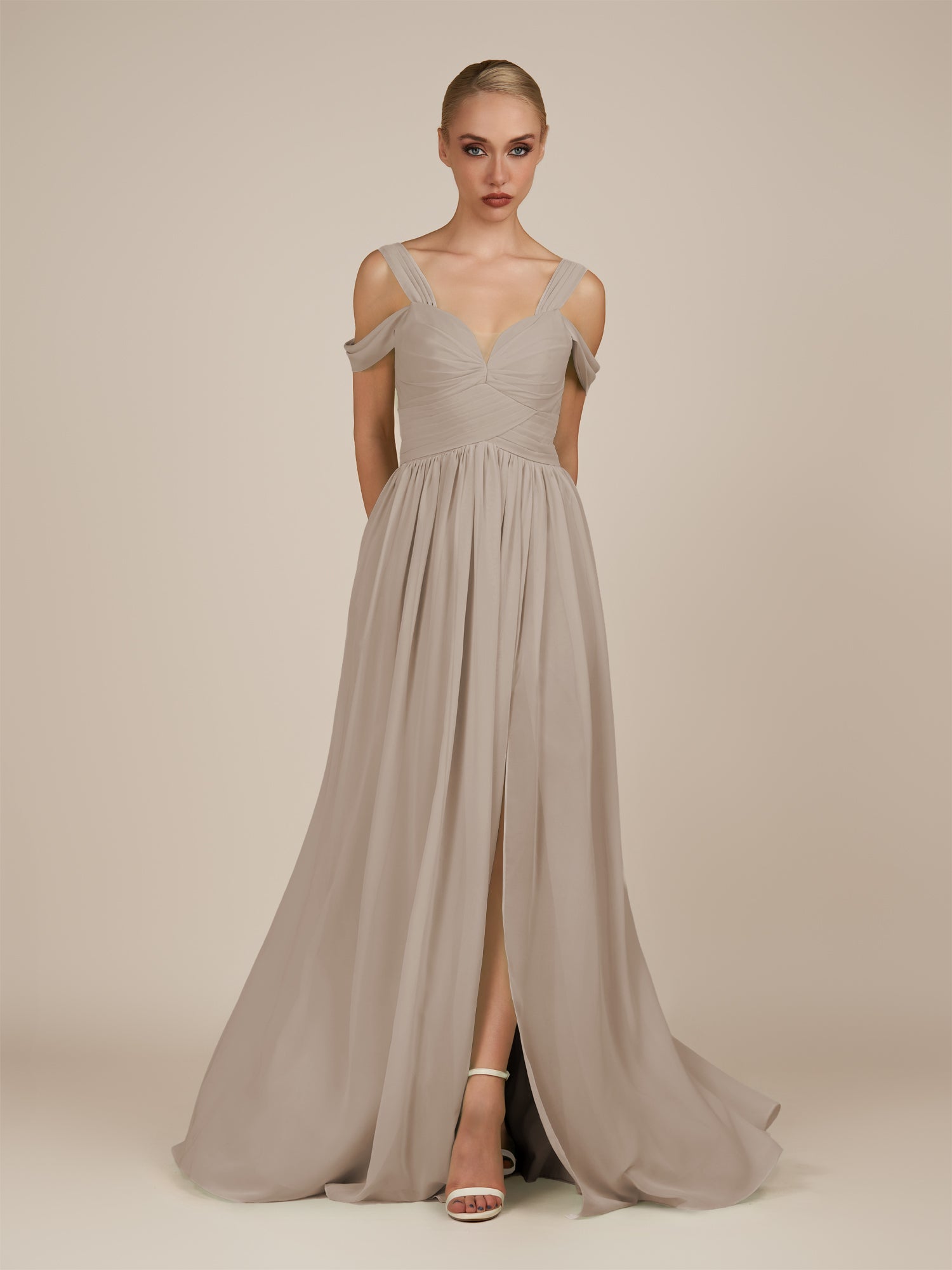 KissDress-Faye Frost A Line Chiffon Off the Shoulder Pleated Long Bridesmaid Dress with Slit