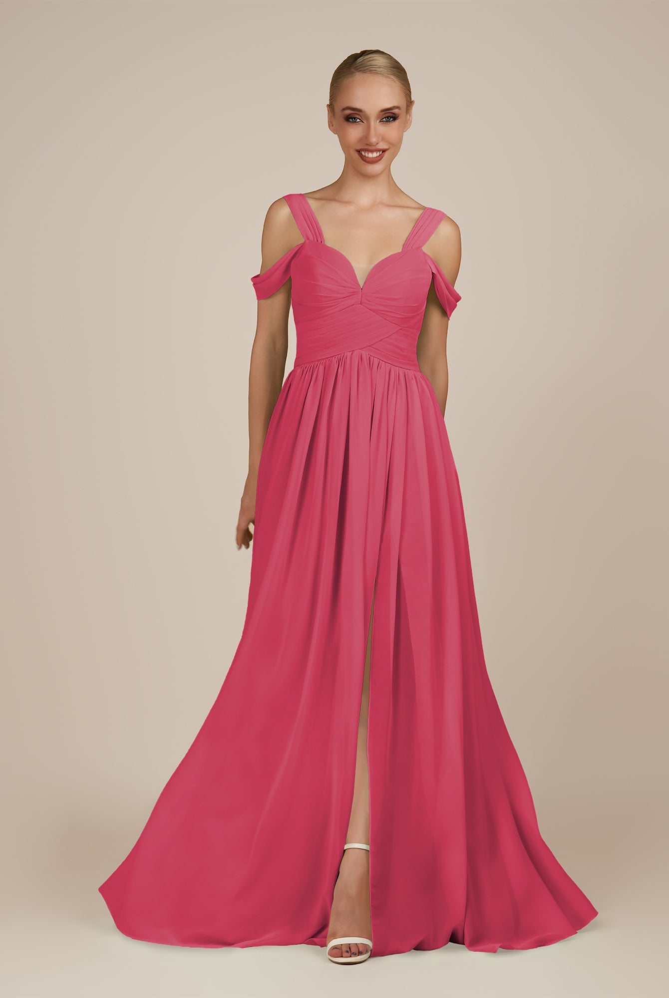 KissDress-Faye Fuchsia A Line Chiffon Off the Shoulder Pleated Long Bridesmaid Dress with Slit