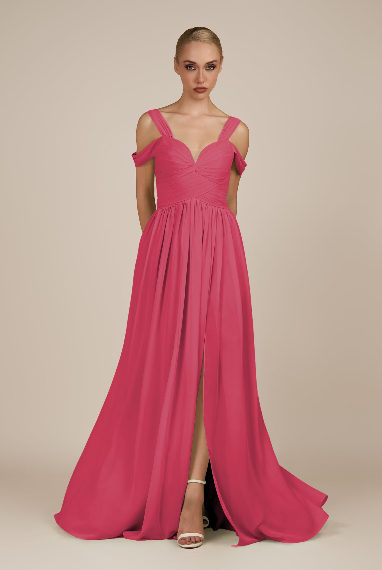KissDress-Faye Fuchsia A Line Chiffon Off the Shoulder Pleated Long Bridesmaid Dress with Slit