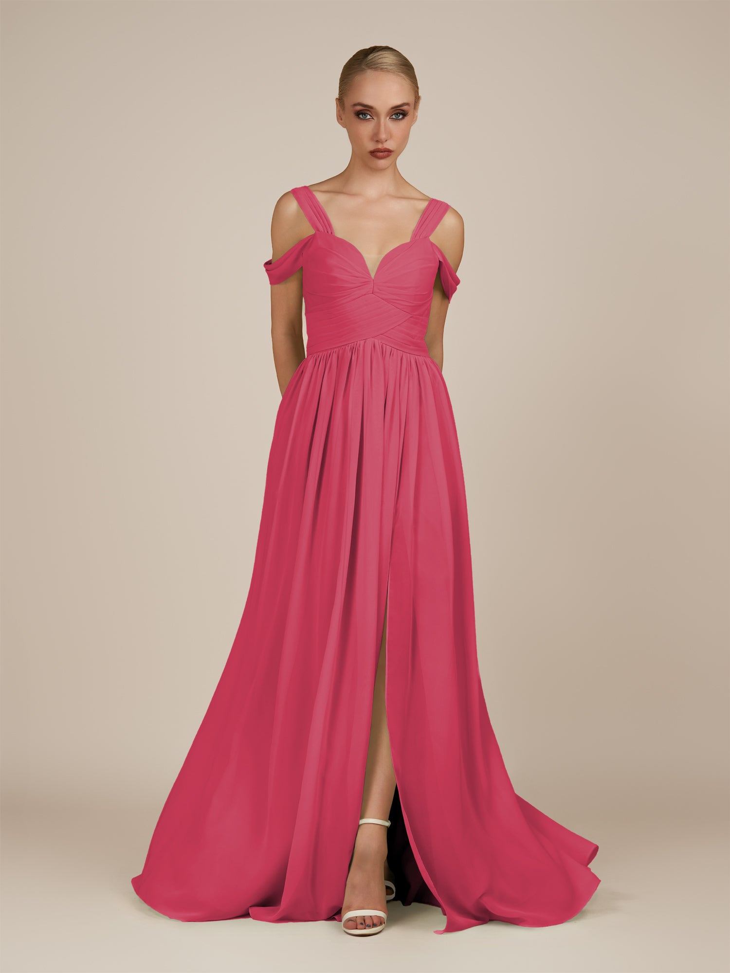 KissDress-Faye Fuchsia A Line Chiffon Off the Shoulder Pleated Long Bridesmaid Dress with Slit