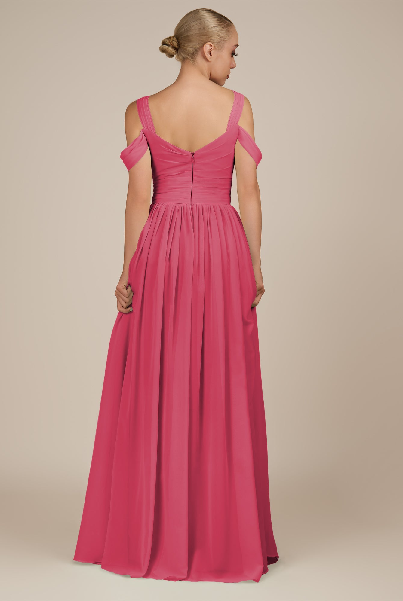 KissDress-Faye Fuchsia A Line Chiffon Off the Shoulder Pleated Long Bridesmaid Dress with Slit