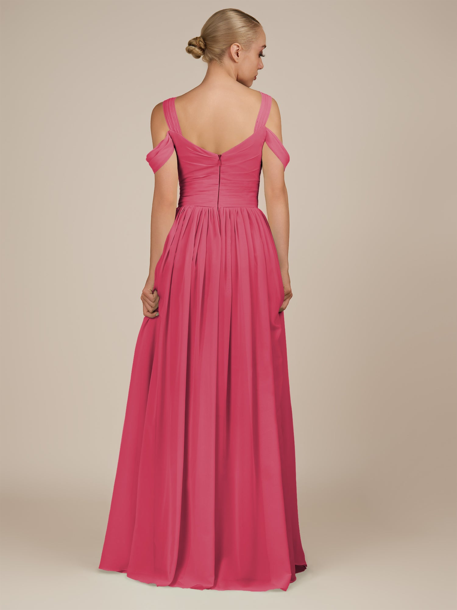 KissDress-Faye Fuchsia A Line Chiffon Off the Shoulder Pleated Long Bridesmaid Dress with Slit