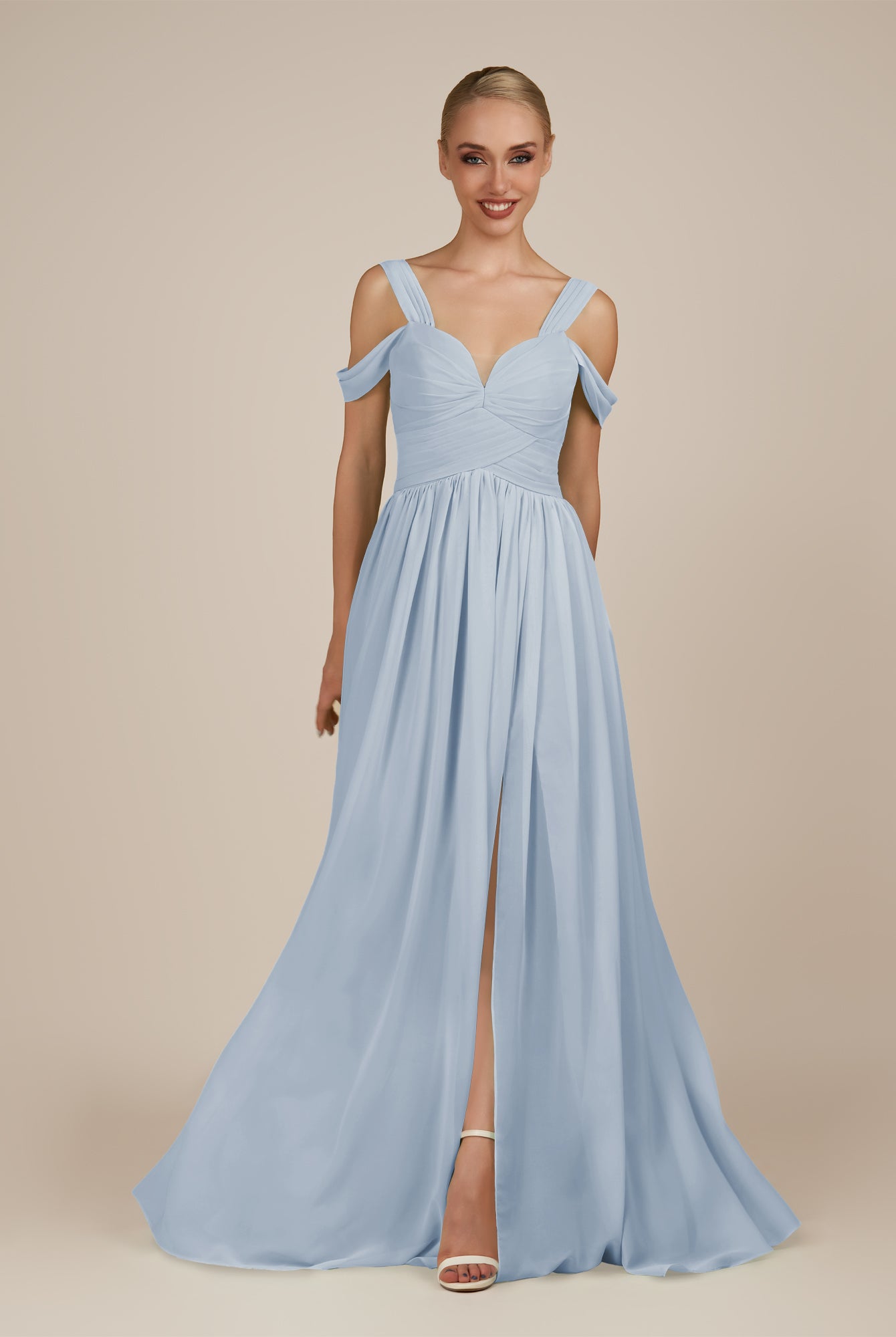 KissDress-Faye Ice A Line Chiffon Off the Shoulder Pleated Long Bridesmaid Dress with Slit