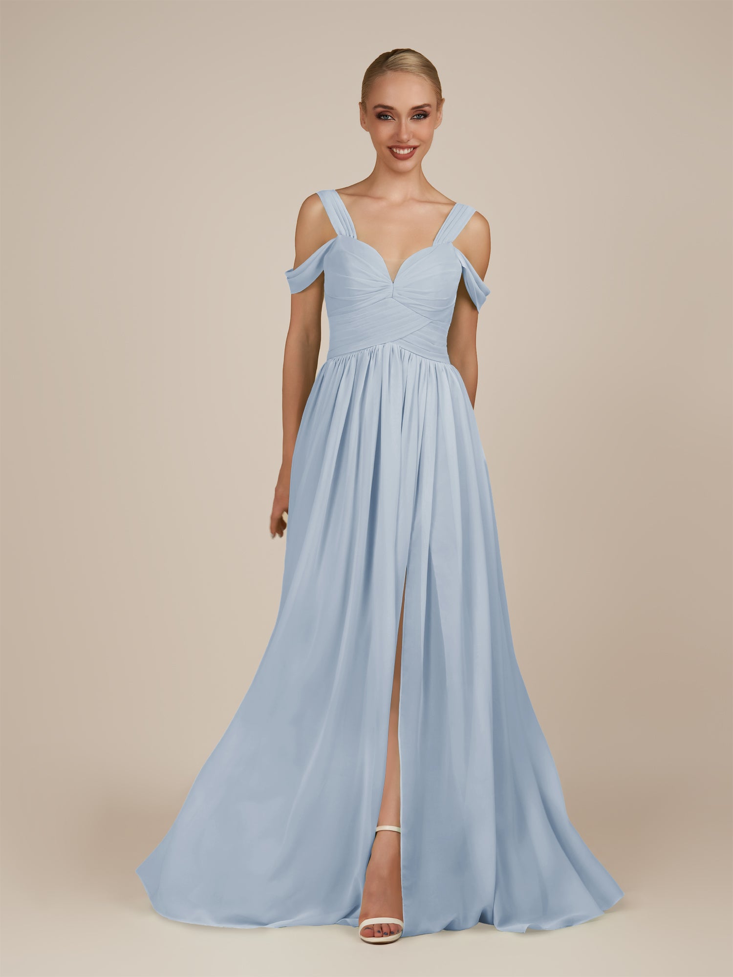 KissDress-Faye Ice A Line Chiffon Off the Shoulder Pleated Long Bridesmaid Dress with Slit