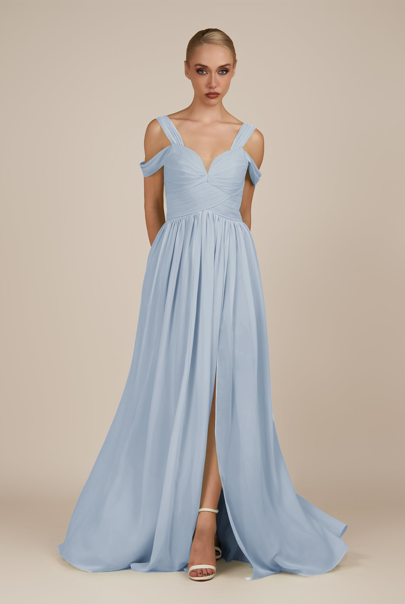 KissDress-Faye Ice A Line Chiffon Off the Shoulder Pleated Long Bridesmaid Dress with Slit