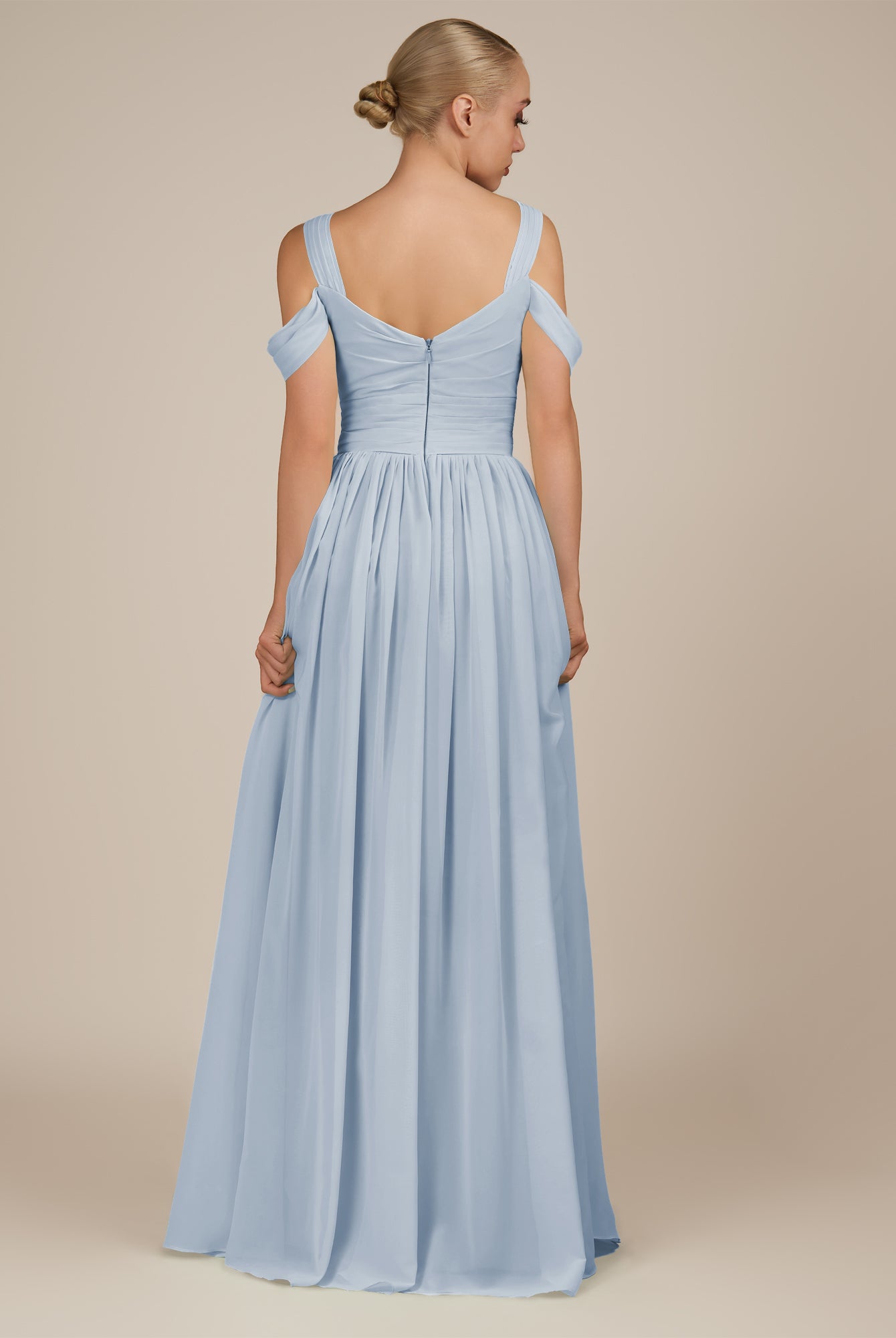 KissDress-Faye Ice A Line Chiffon Off the Shoulder Pleated Long Bridesmaid Dress with Slit