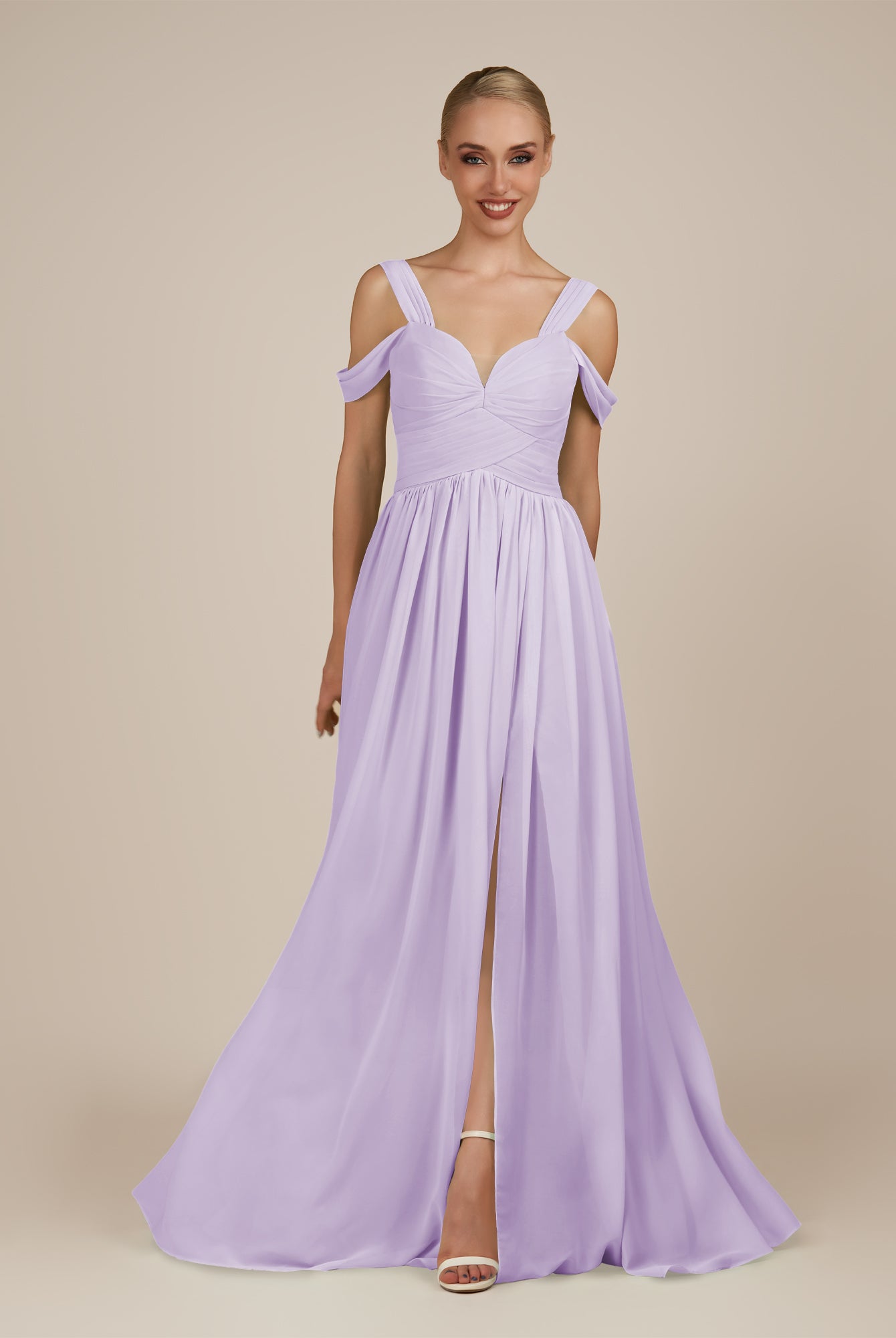 KissDress-Faye Lavender A Line Chiffon Off the Shoulder Pleated Long Bridesmaid Dress with Slit