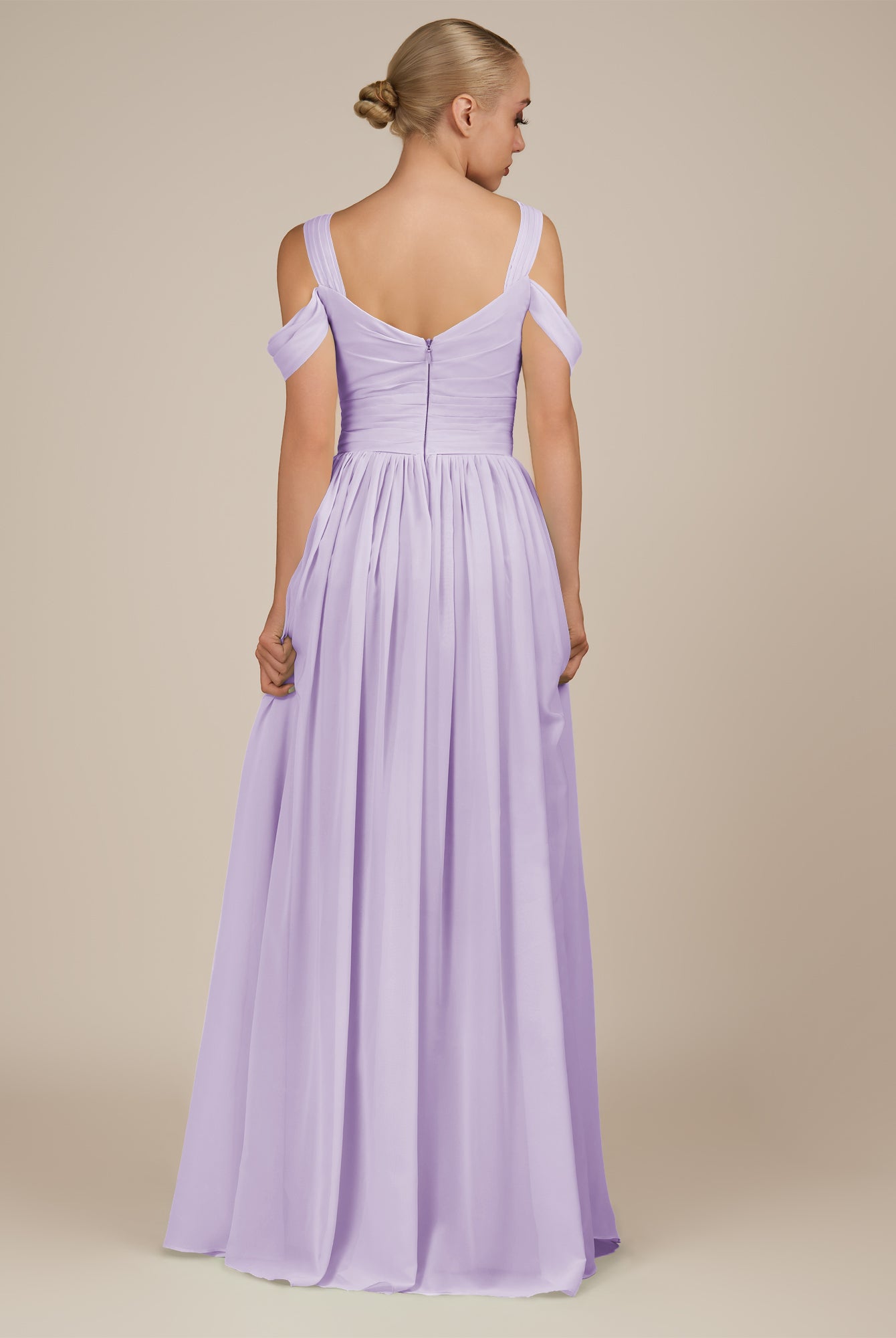 KissDress-Faye Lavender A Line Chiffon Off the Shoulder Pleated Long Bridesmaid Dress with Slit