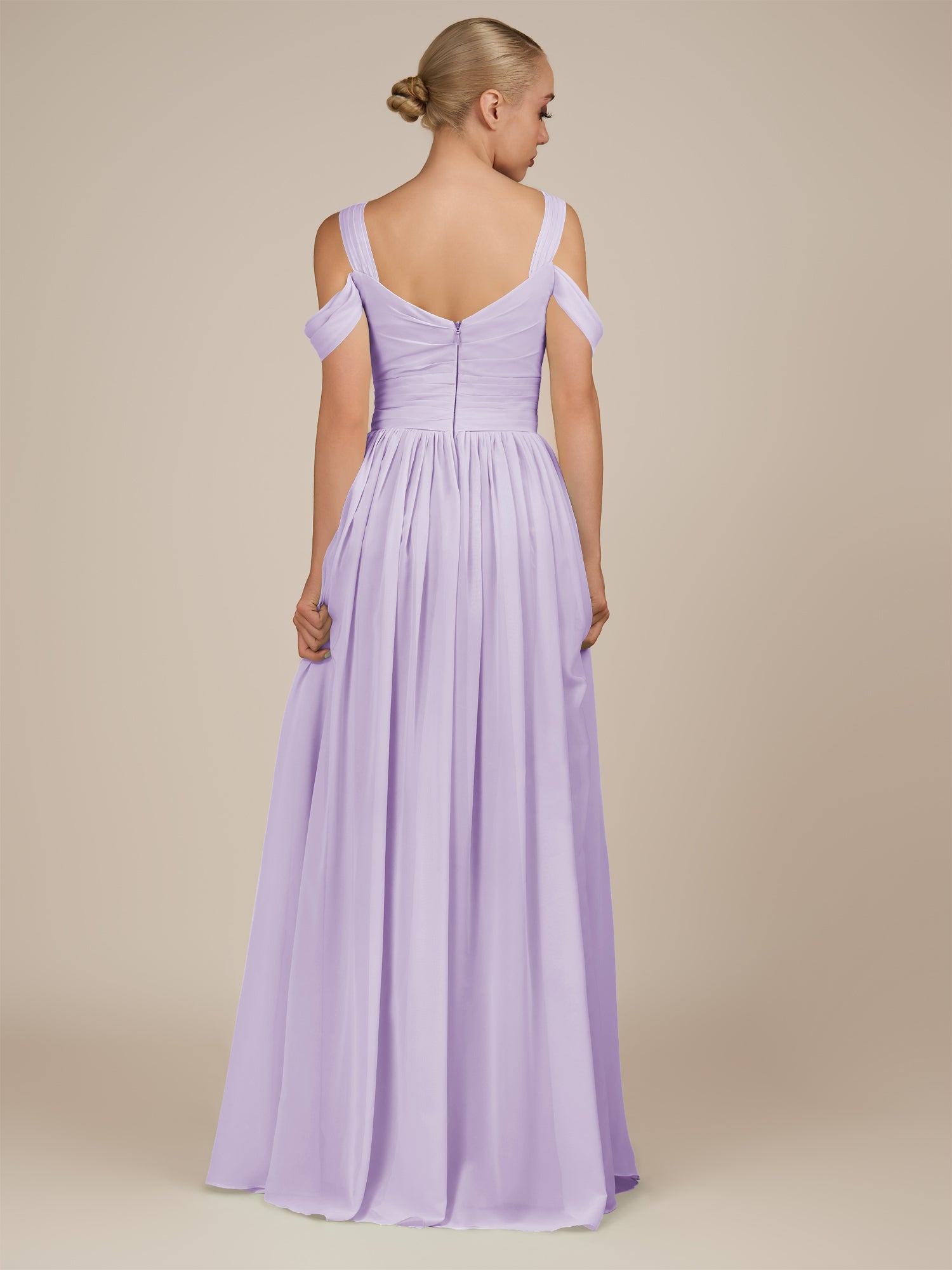 KissDress-Faye Lavender A Line Chiffon Off the Shoulder Pleated Long Bridesmaid Dress with Slit