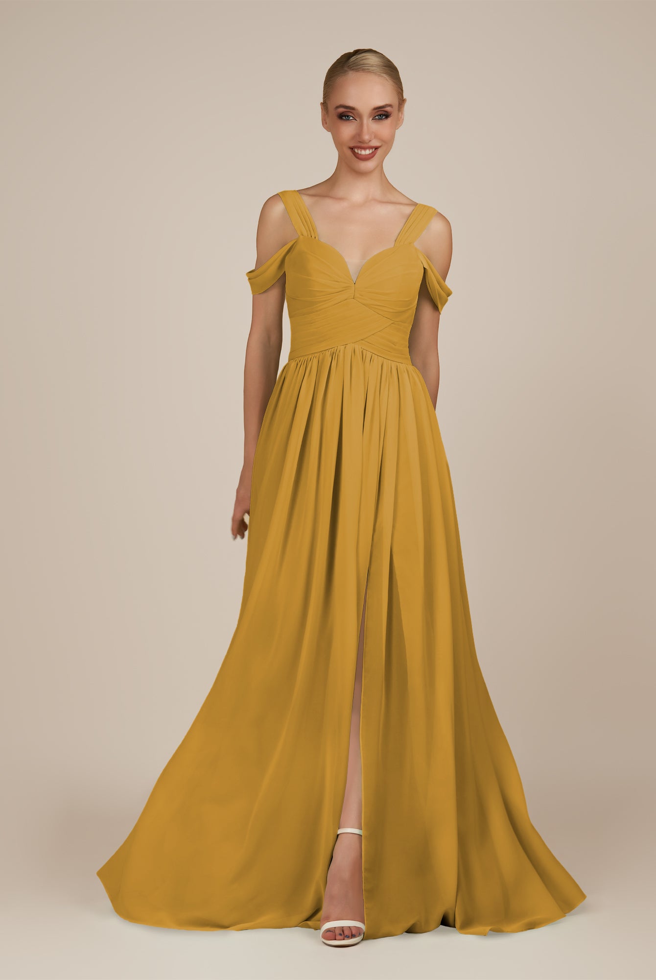 KissDress-Faye Marigold A Line Chiffon Off the Shoulder Pleated Long Bridesmaid Dress with Slit