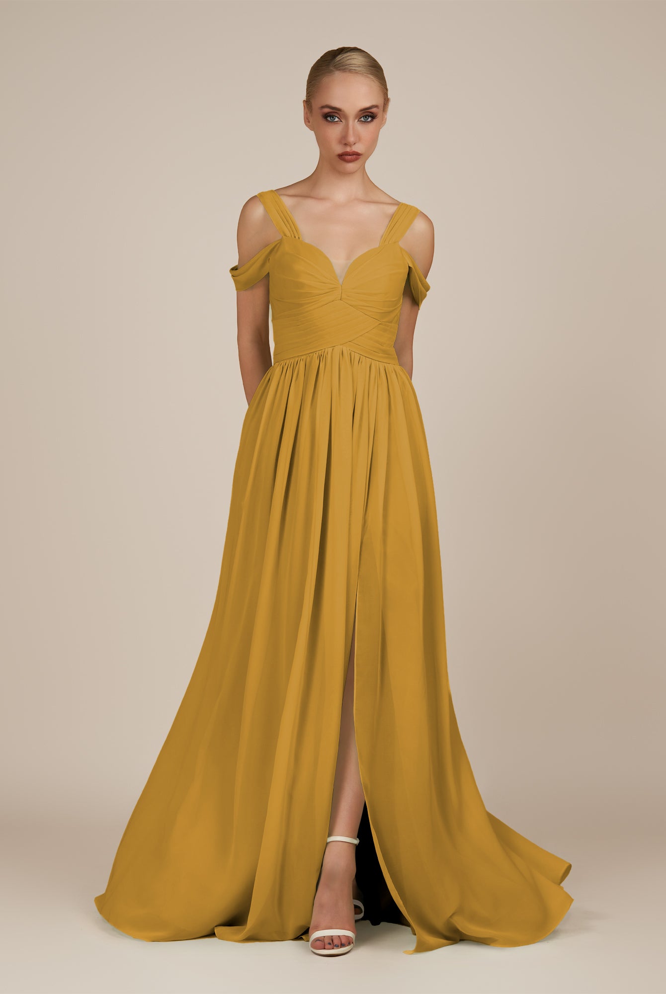 KissDress-Faye Marigold A Line Chiffon Off the Shoulder Pleated Long Bridesmaid Dress with Slit