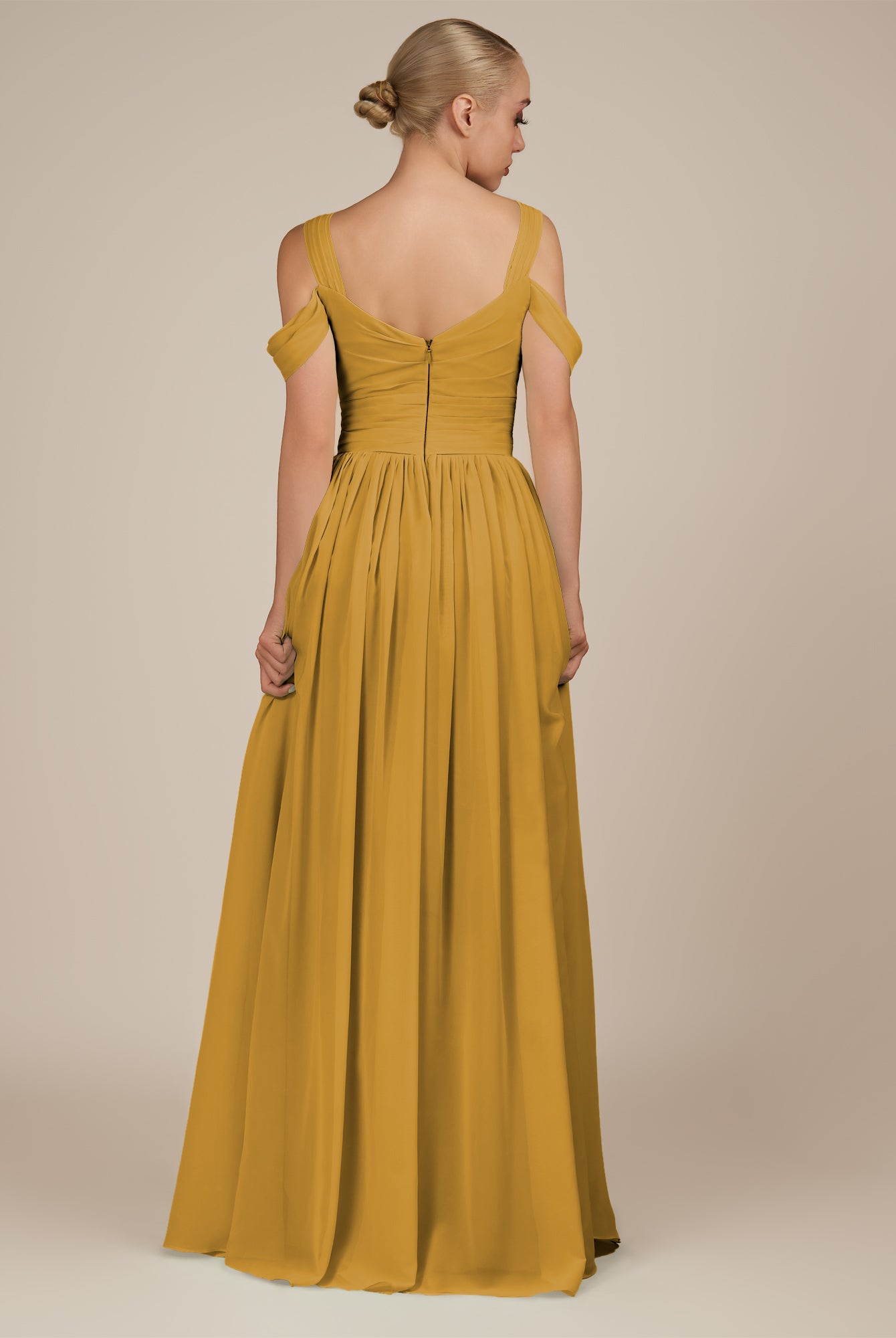 KissDress-Faye Marigold A Line Chiffon Off the Shoulder Pleated Long Bridesmaid Dress with Slit