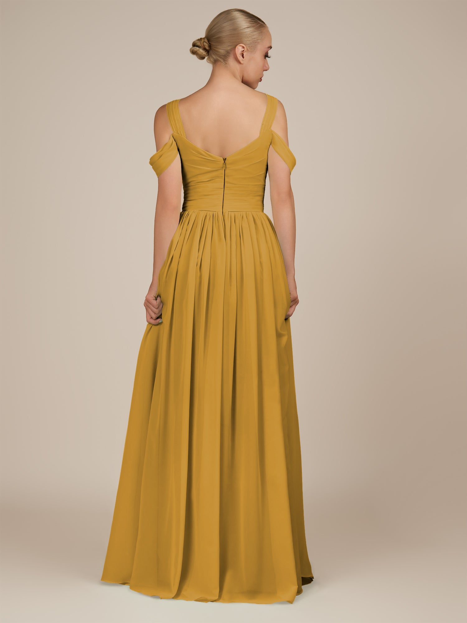KissDress-Faye Marigold A Line Chiffon Off the Shoulder Pleated Long Bridesmaid Dress with Slit
