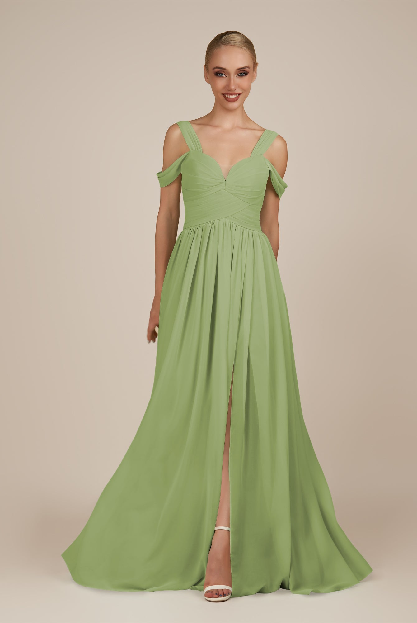 KissDress-Faye Matcha A Line Chiffon Off the Shoulder Pleated Long Bridesmaid Dress with Slit