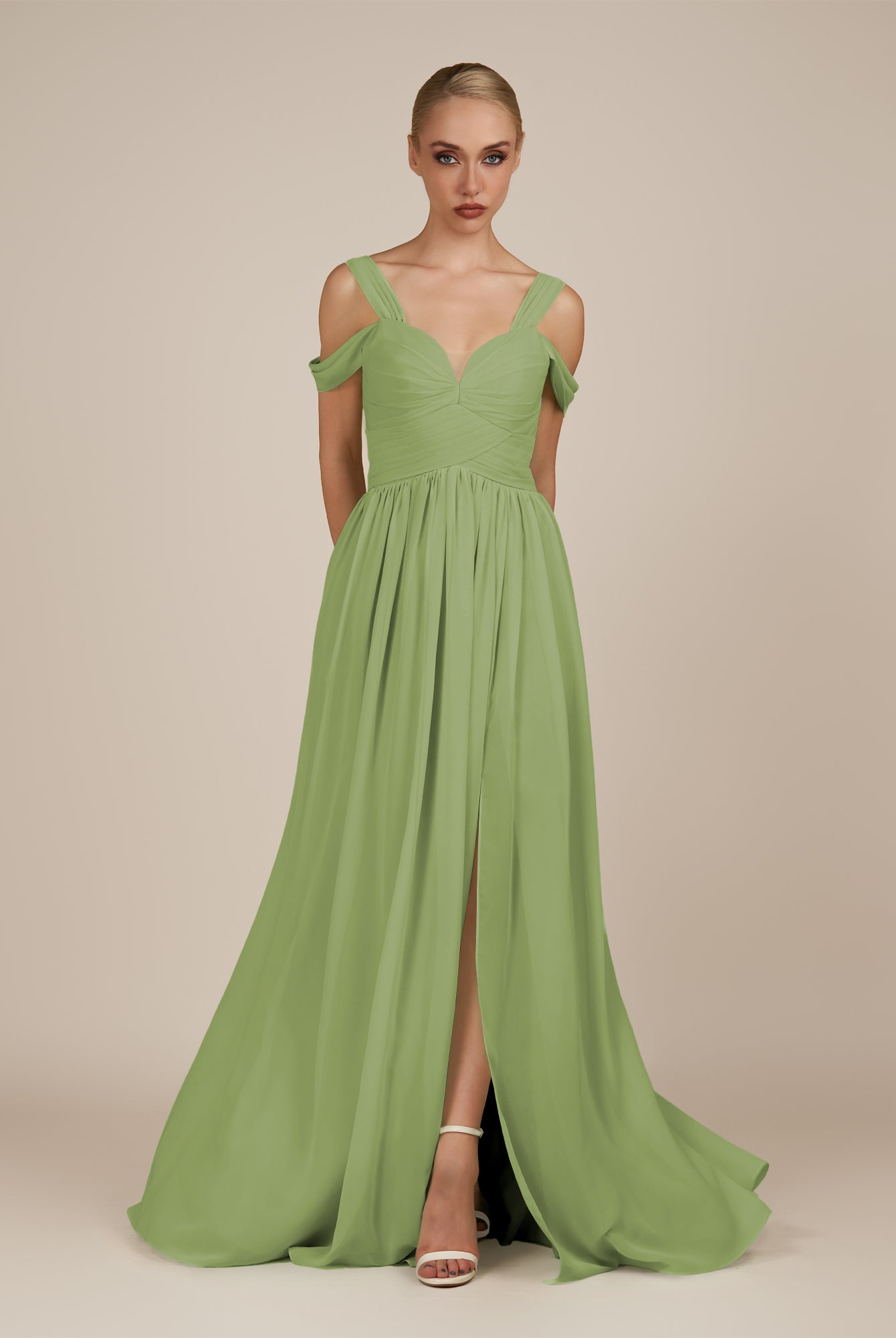 KissDress-Faye Matcha A Line Chiffon Off the Shoulder Pleated Long Bridesmaid Dress with Slit