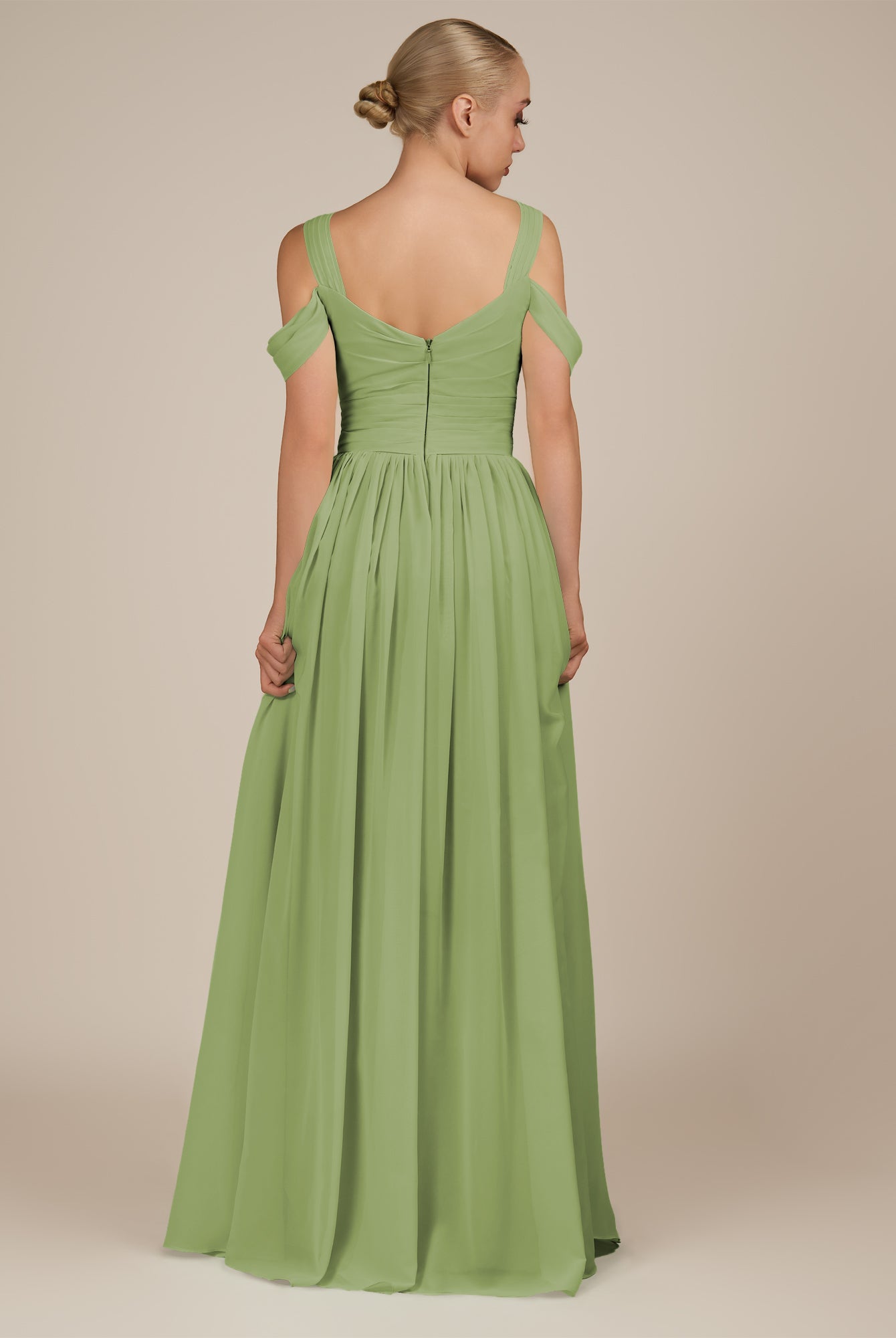KissDress-Faye Matcha A Line Chiffon Off the Shoulder Pleated Long Bridesmaid Dress with Slit