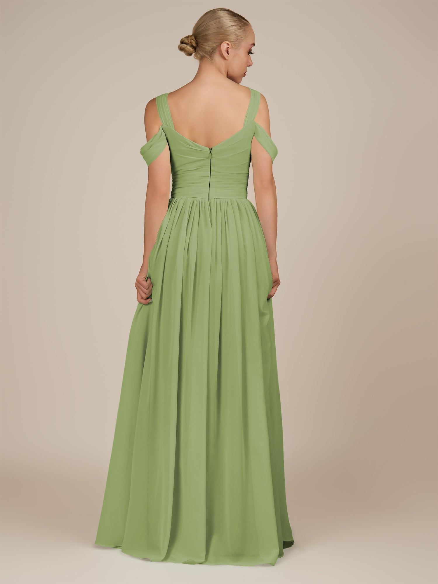 KissDress-Faye Matcha A Line Chiffon Off the Shoulder Pleated Long Bridesmaid Dress with Slit