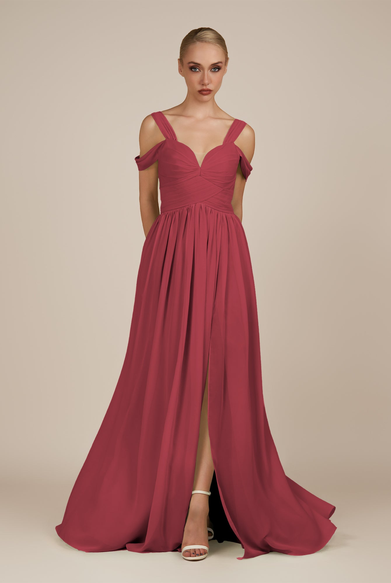 KissDress-Faye Merlot A Line Chiffon Off the Shoulder Pleated Long Bridesmaid Dress with Slit