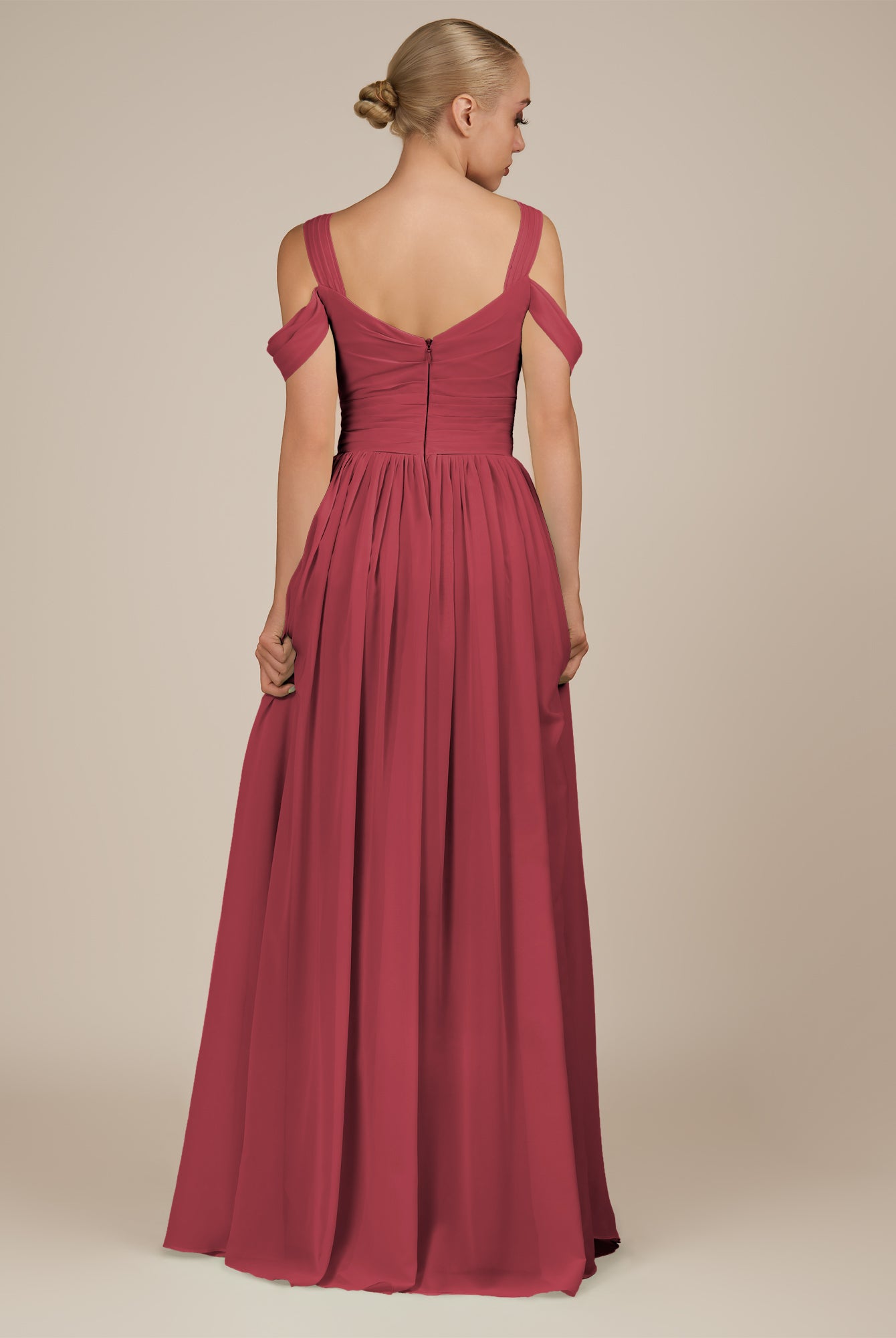 KissDress-Faye Merlot A Line Chiffon Off the Shoulder Pleated Long Bridesmaid Dress with Slit
