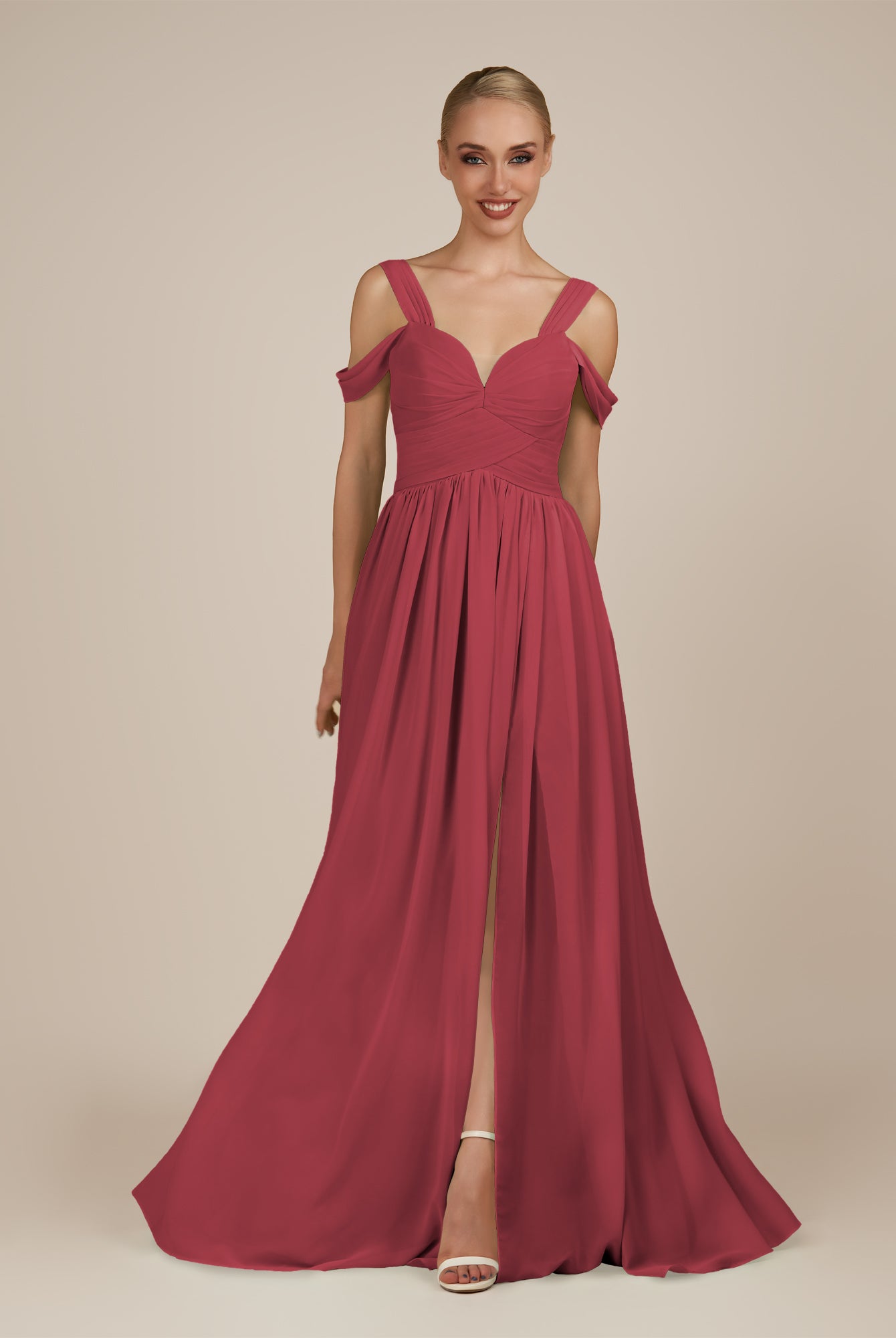KissDress-Faye Merlot A Line Chiffon Off the Shoulder Pleated Long Bridesmaid Dress with Slit