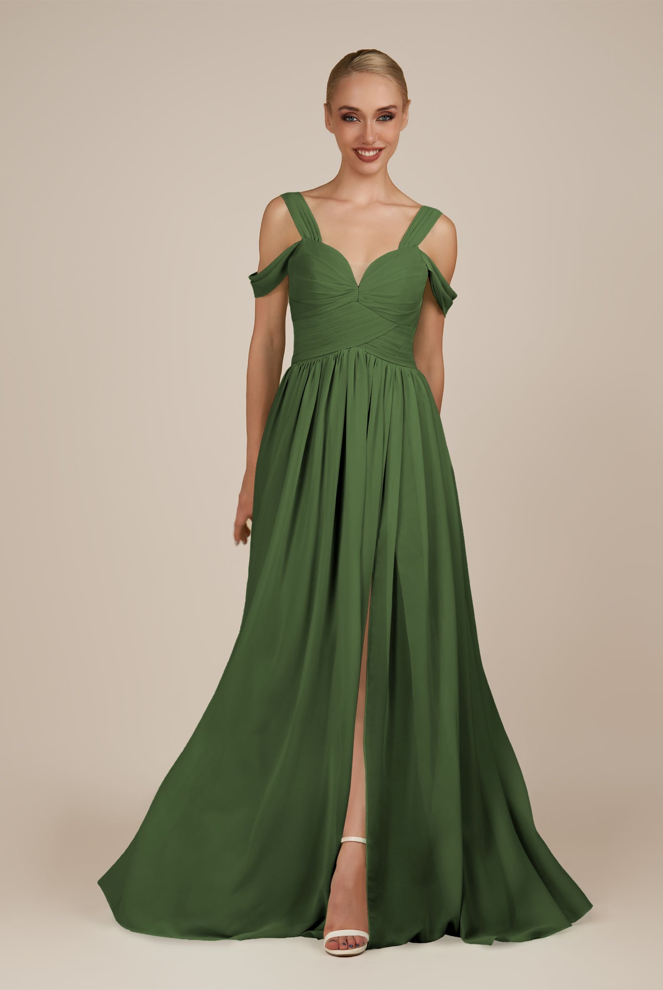 KissDress-Faye Moss A Line Chiffon Off the Shoulder Pleated Long Bridesmaid Dress with Slit