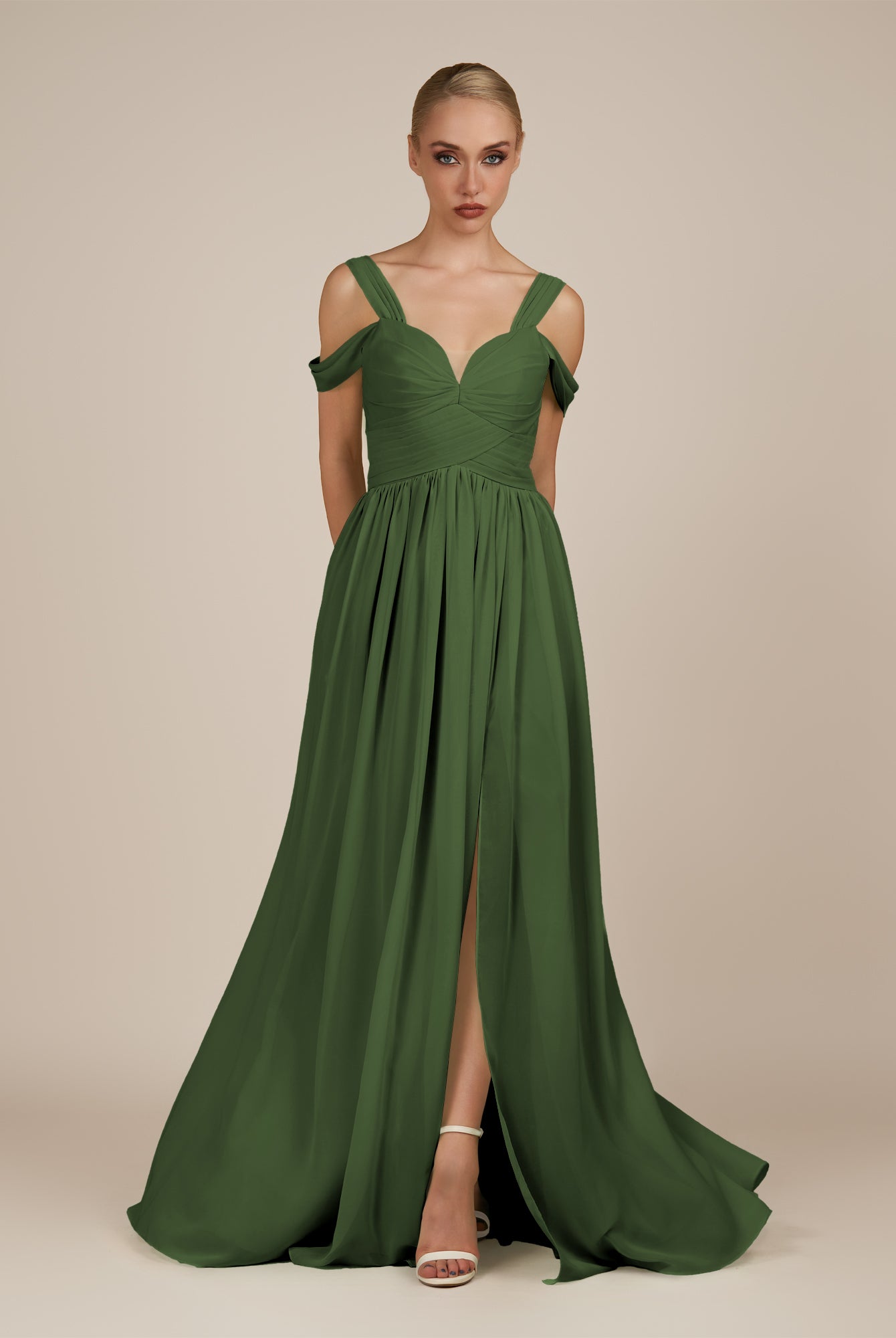 KissDress-Faye Moss A Line Chiffon Off the Shoulder Pleated Long Bridesmaid Dress with Slit