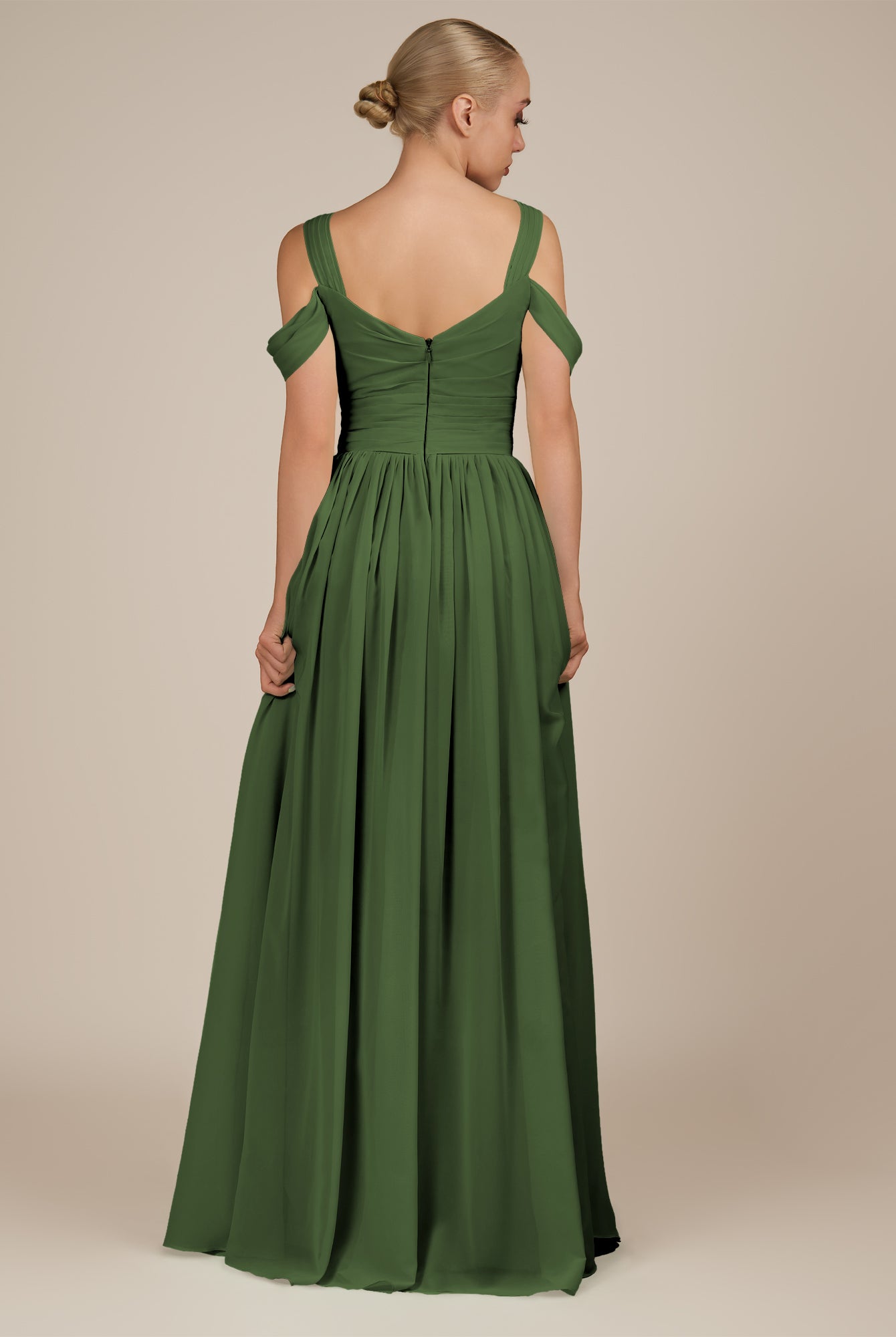 KissDress-Faye Moss A Line Chiffon Off the Shoulder Pleated Long Bridesmaid Dress with Slit