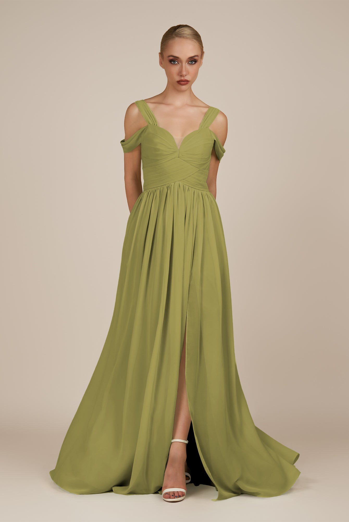 KissDress-Faye Moss Green A Line Chiffon Off the Shoulder Pleated Long Bridesmaid Dress with Slit