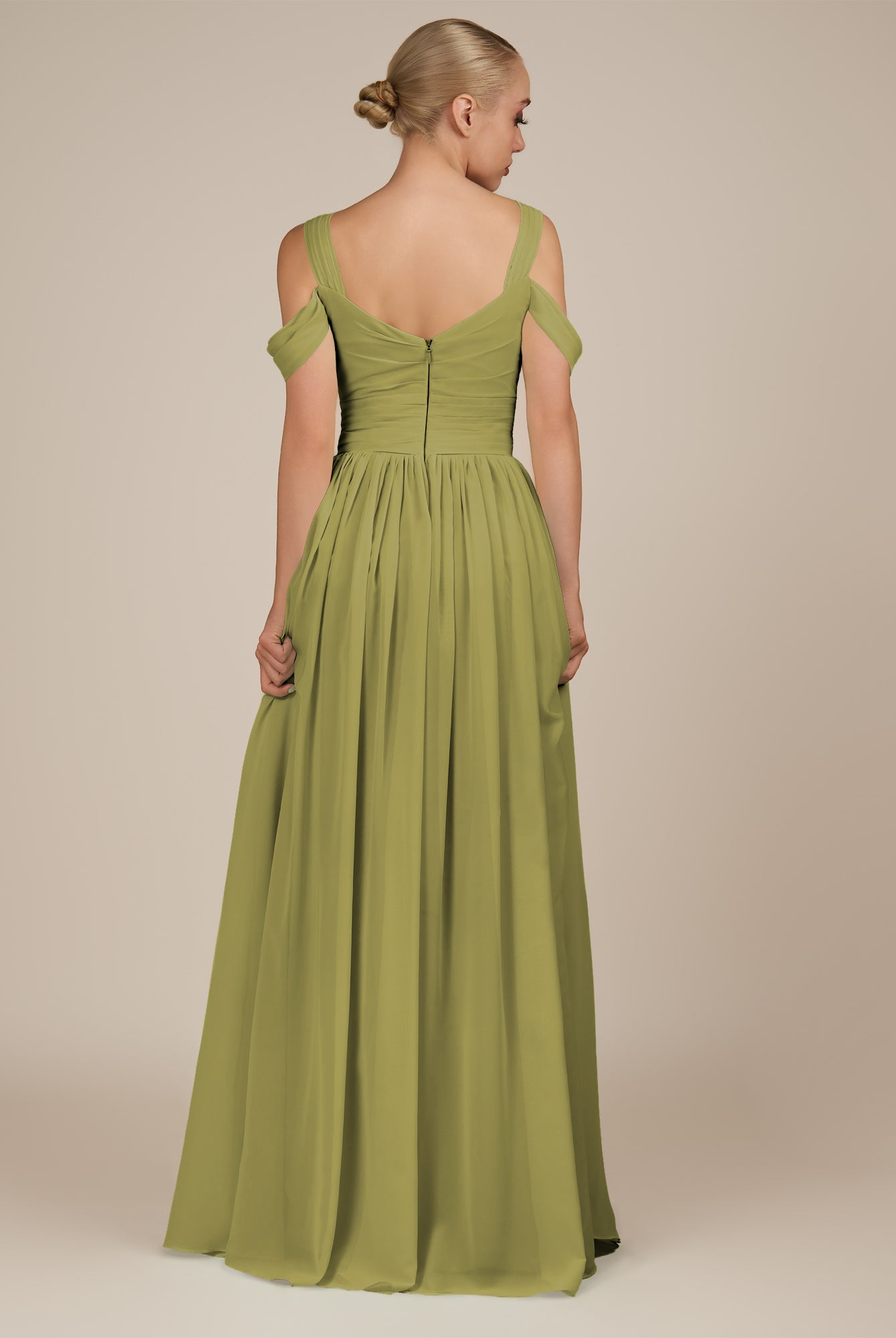 KissDress-Faye Moss Green A Line Chiffon Off the Shoulder Pleated Long Bridesmaid Dress with Slit