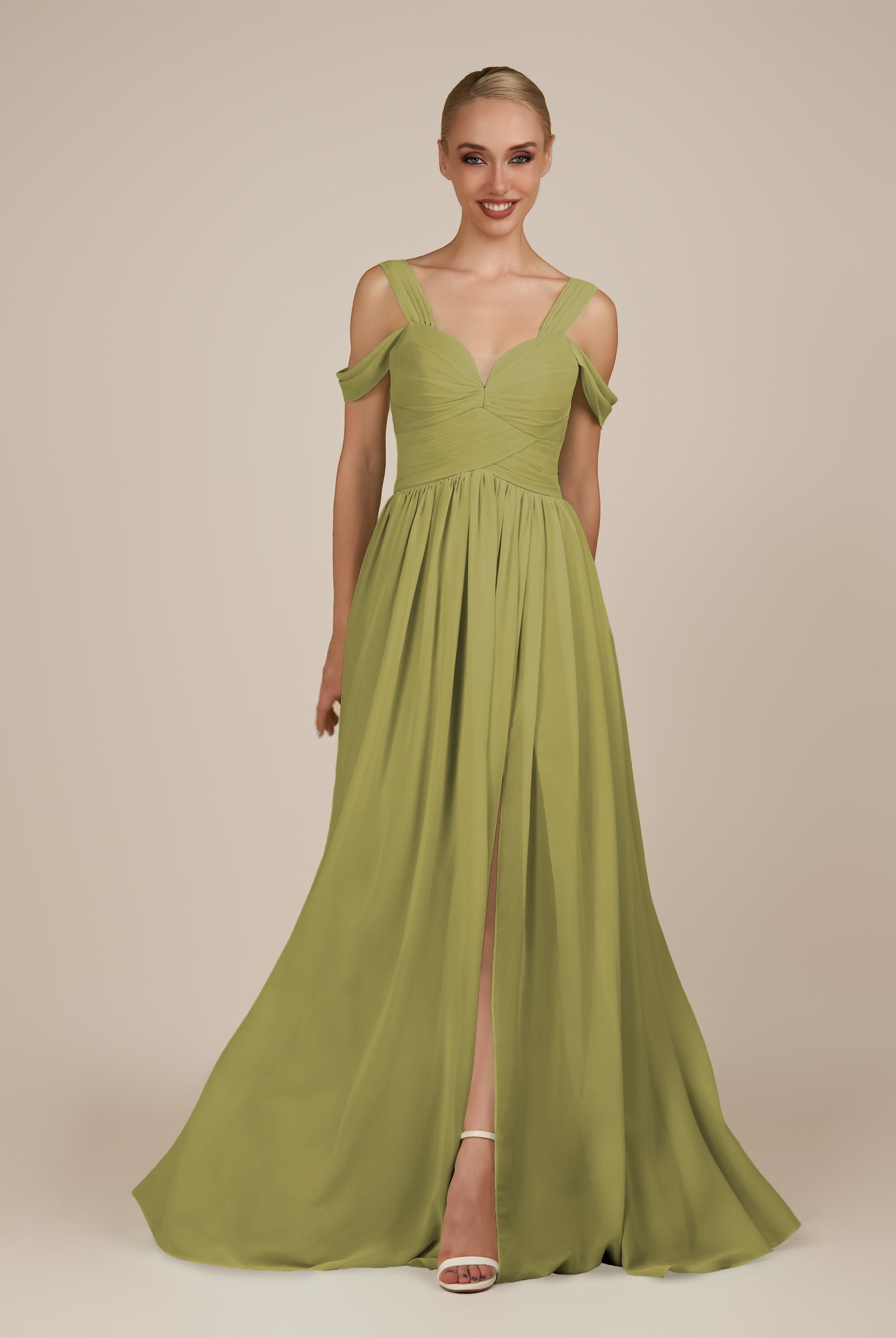KissDress-Faye Moss Green A Line Chiffon Off the Shoulder Pleated Long Bridesmaid Dress with Slit