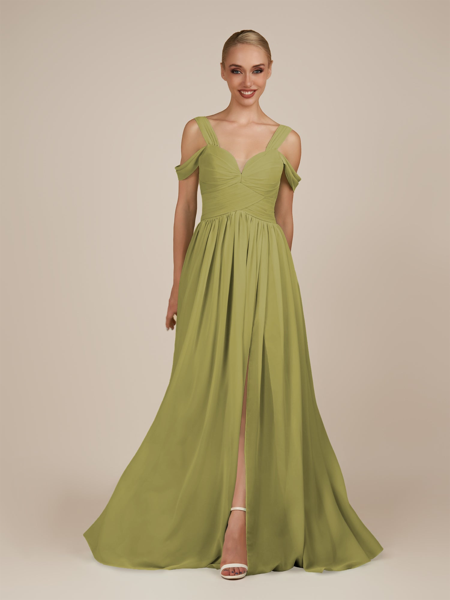 KissDress-Faye Moss Green A Line Chiffon Off the Shoulder Pleated Long Bridesmaid Dress with Slit
