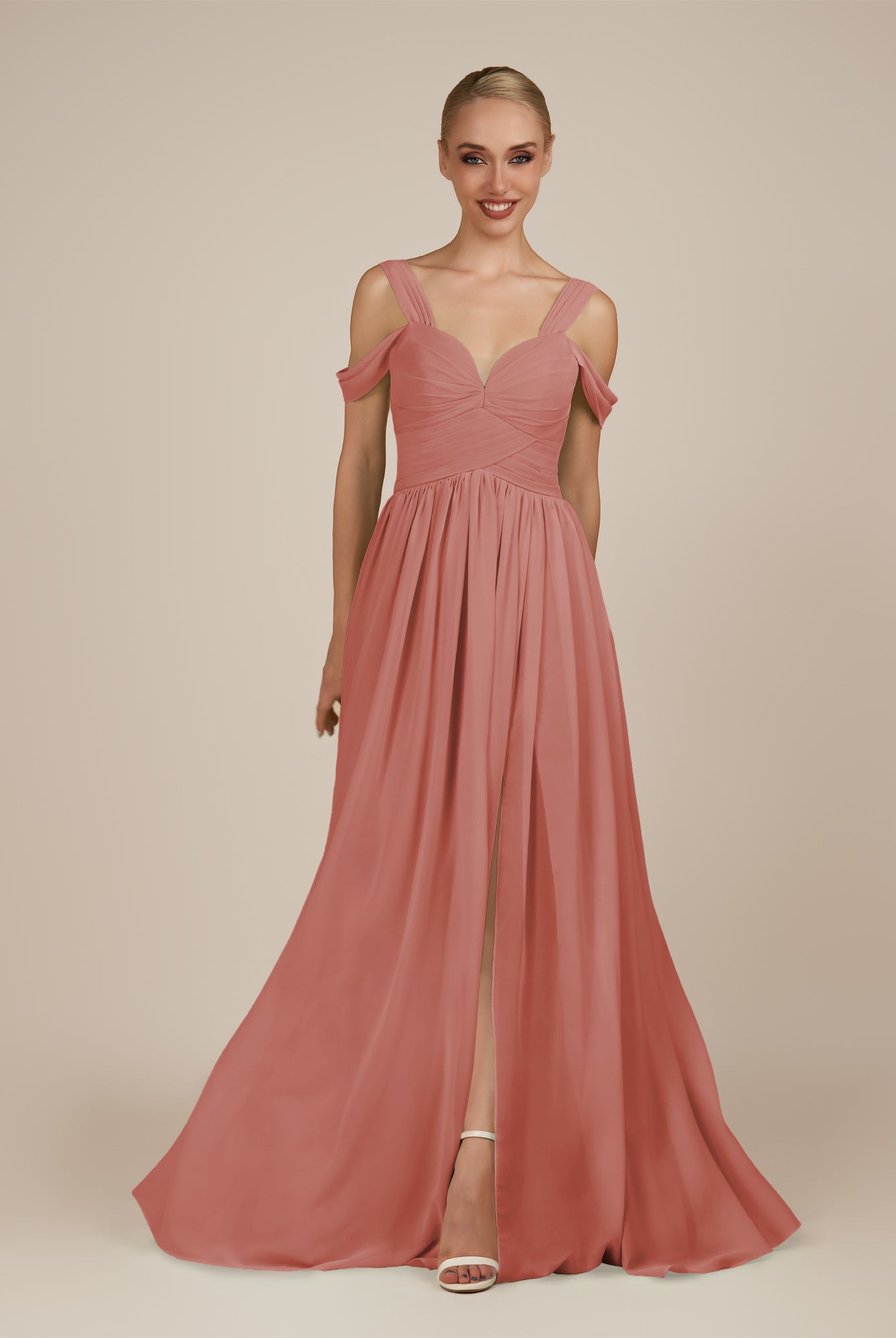 KissDress-Faye Mulberry A Line Chiffon Off the Shoulder Pleated Long Bridesmaid Dress with Slit