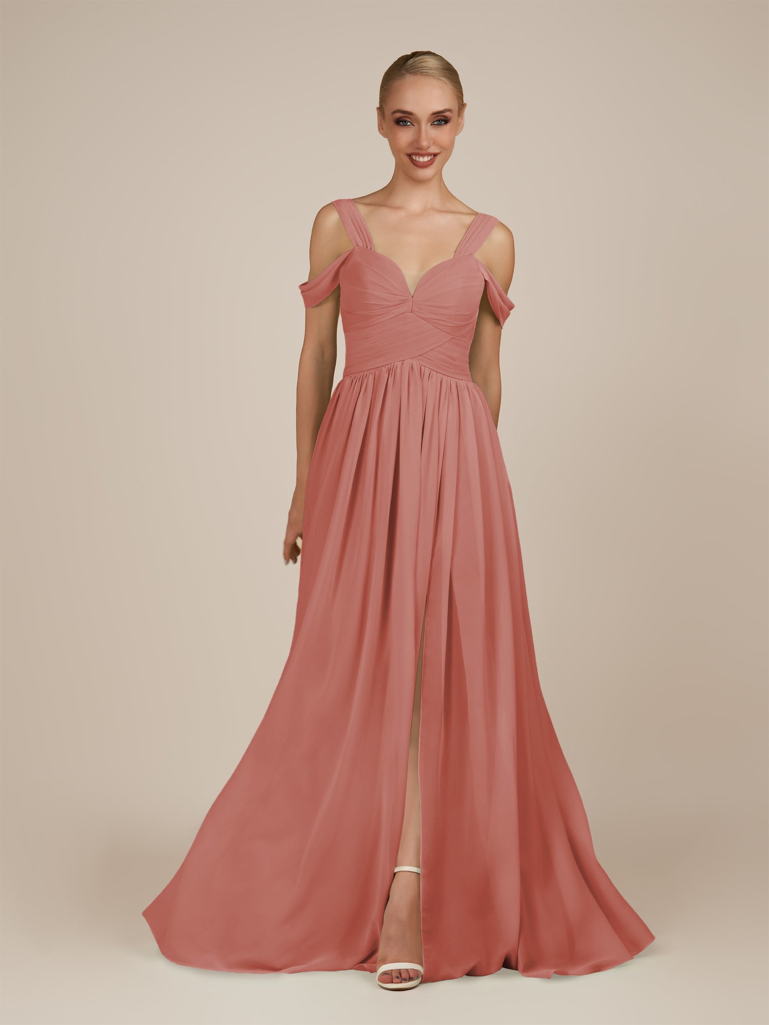 KissDress-Faye Mulberry A Line Chiffon Off the Shoulder Pleated Long Bridesmaid Dress with Slit