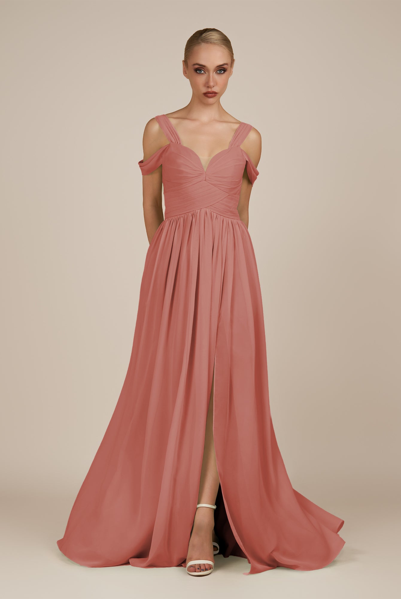 KissDress-Faye Mulberry A Line Chiffon Off the Shoulder Pleated Long Bridesmaid Dress with Slit