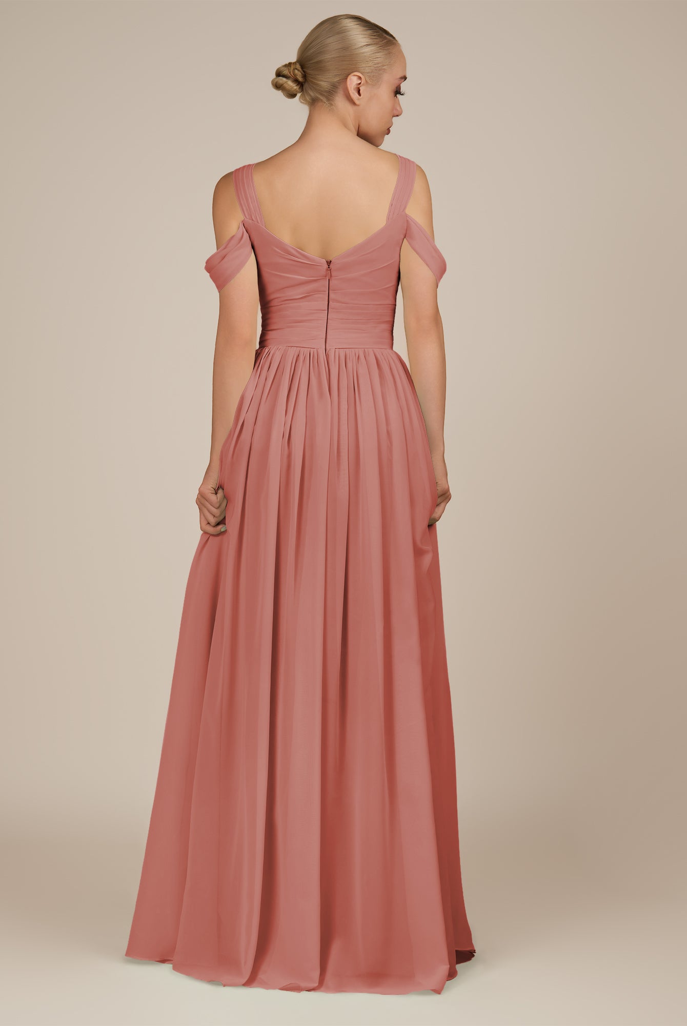 KissDress-Faye Mulberry A Line Chiffon Off the Shoulder Pleated Long Bridesmaid Dress with Slit