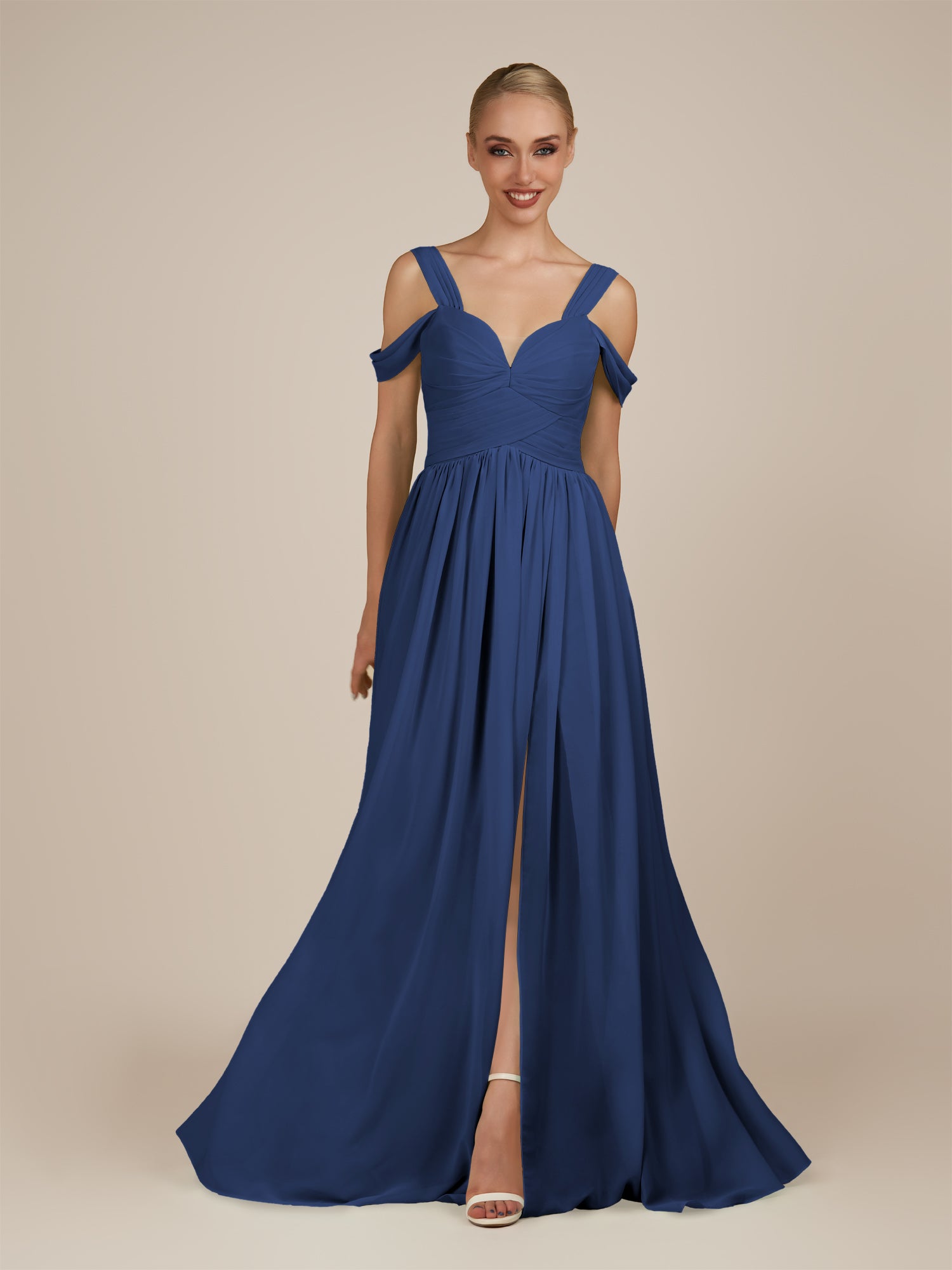 KissDress-Faye Navy A Line Chiffon Off the Shoulder Pleated Long Bridesmaid Dress with Slit