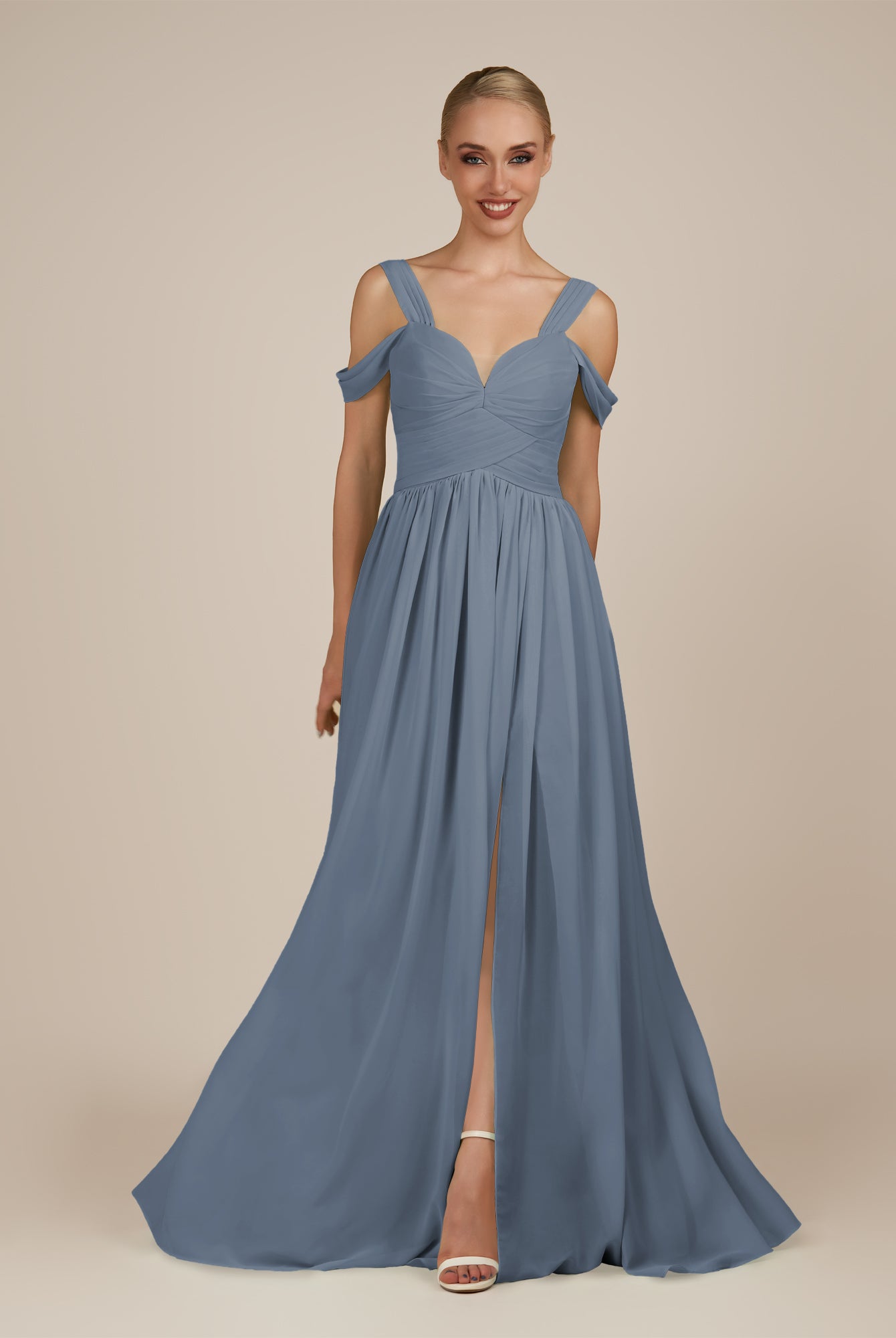 KissDress-Faye Neptune A Line Chiffon Off the Shoulder Pleated Long Bridesmaid Dress with Slit