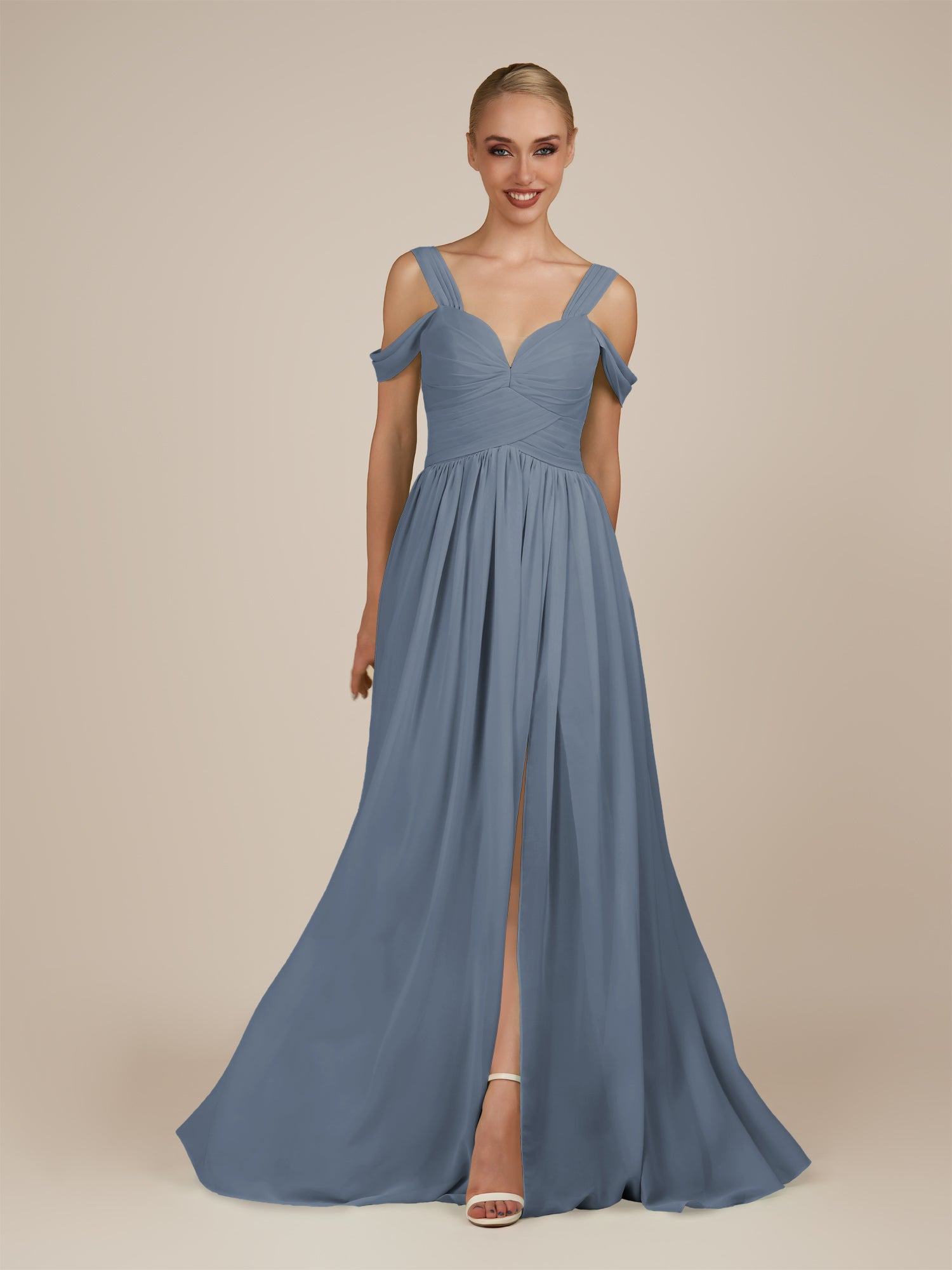 KissDress-Faye Neptune A Line Chiffon Off the Shoulder Pleated Long Bridesmaid Dress with Slit