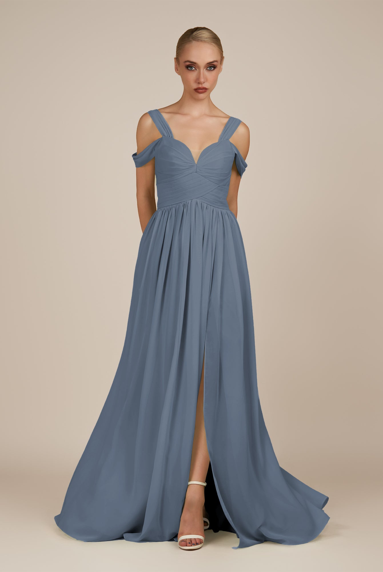 KissDress-Faye Neptune A Line Chiffon Off the Shoulder Pleated Long Bridesmaid Dress with Slit