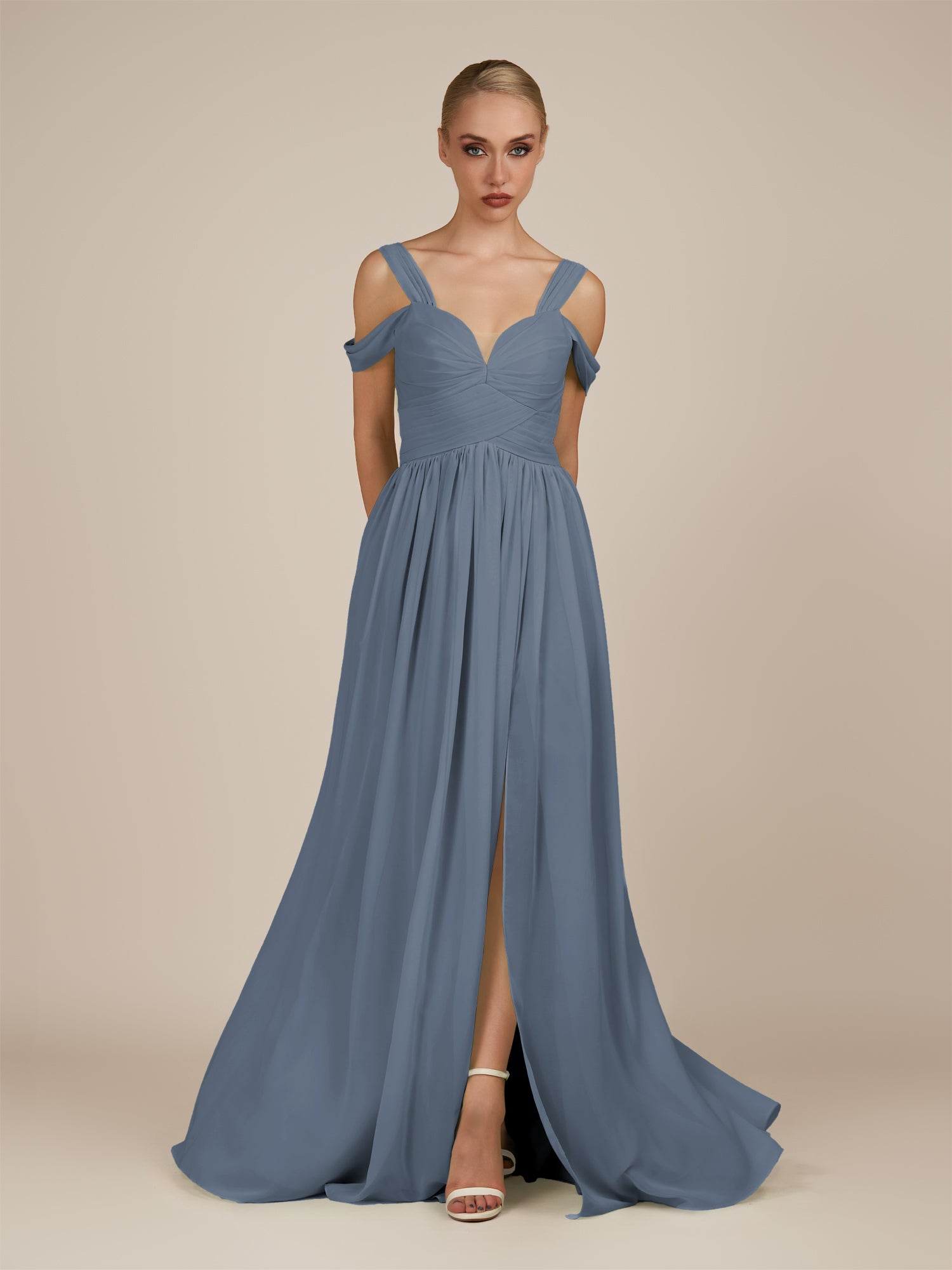 KissDress-Faye Neptune A Line Chiffon Off the Shoulder Pleated Long Bridesmaid Dress with Slit