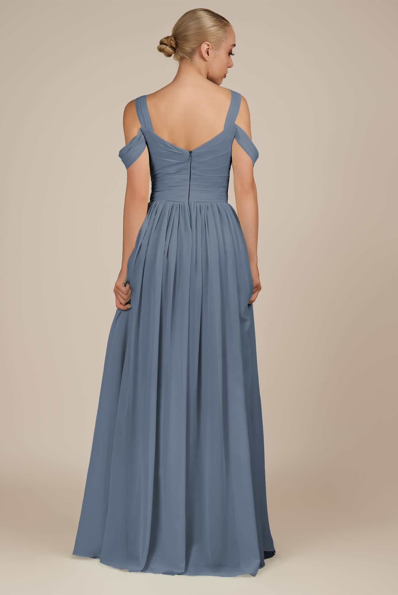 KissDress-Faye Neptune A Line Chiffon Off the Shoulder Pleated Long Bridesmaid Dress with Slit