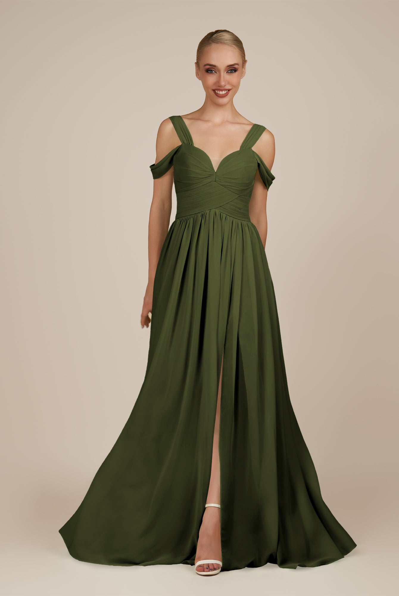 KissDress-Faye Olive A Line Chiffon Off the Shoulder Pleated Long Bridesmaid Dress with Slit