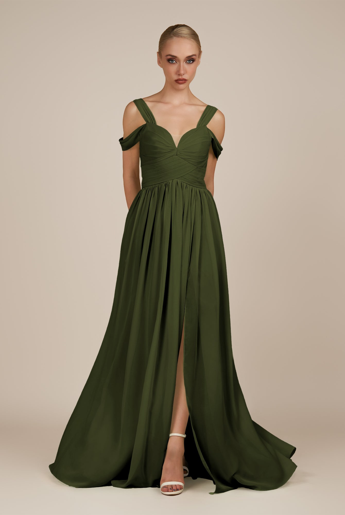 KissDress-Faye Olive A Line Chiffon Off the Shoulder Pleated Long Bridesmaid Dress with Slit