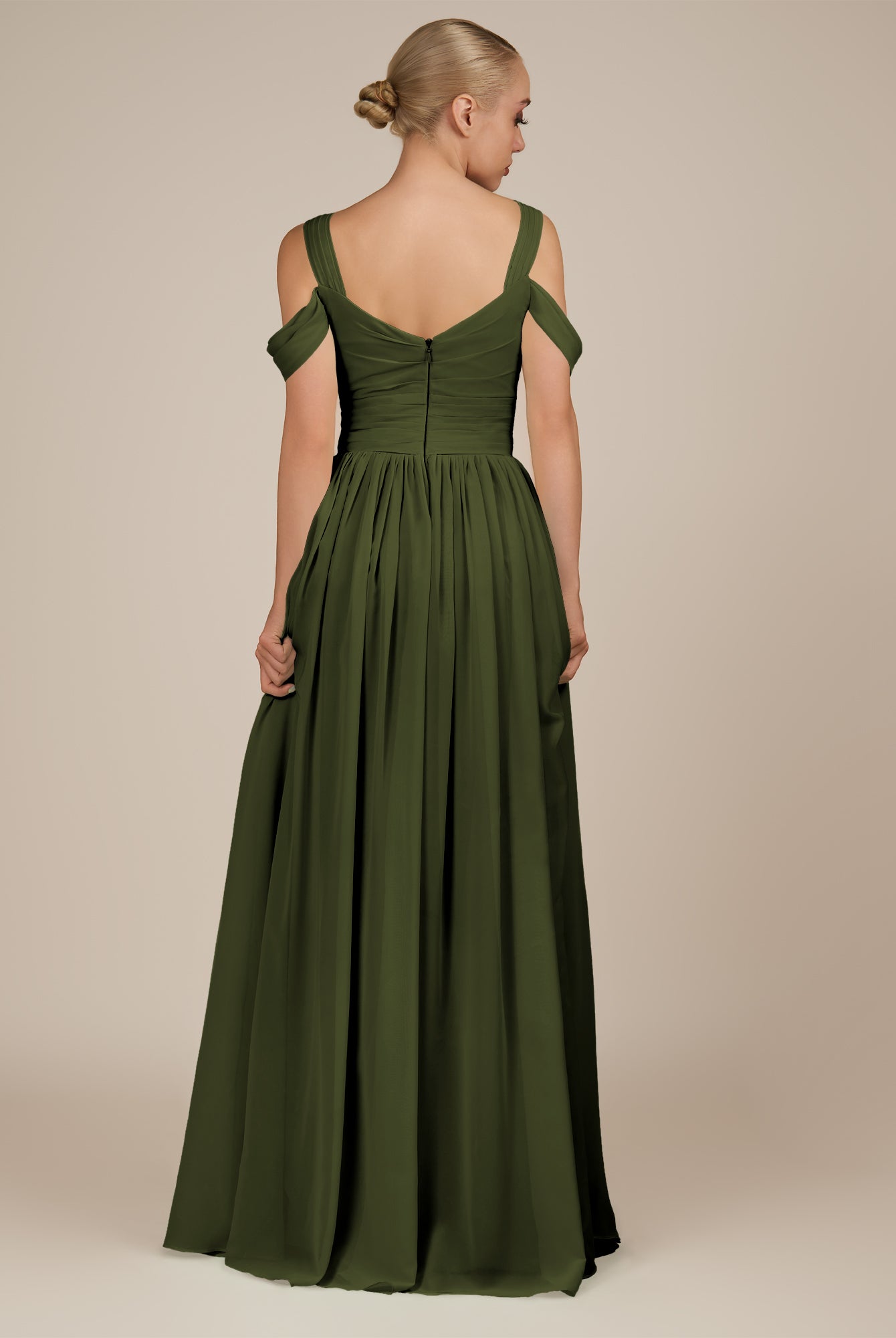 KissDress-Faye Olive A Line Chiffon Off the Shoulder Pleated Long Bridesmaid Dress with Slit