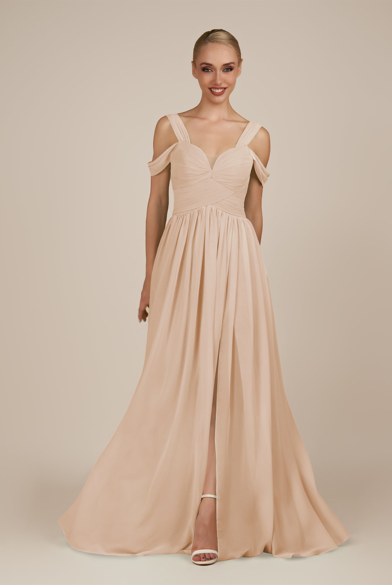 KissDress-Faye Pale Blush A Line Chiffon Off the Shoulder Pleated Long Bridesmaid Dress with Slit