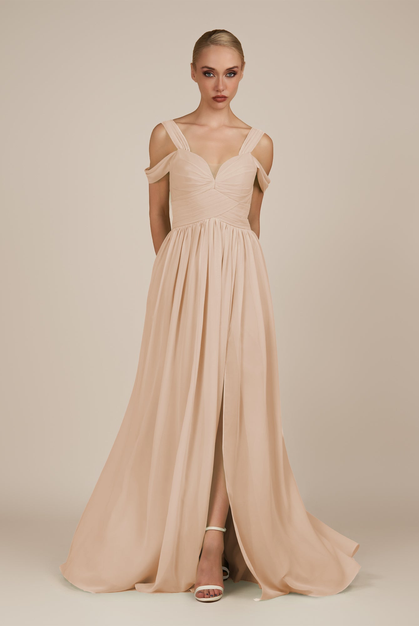 KissDress-Faye Pale Blush A Line Chiffon Off the Shoulder Pleated Long Bridesmaid Dress with Slit