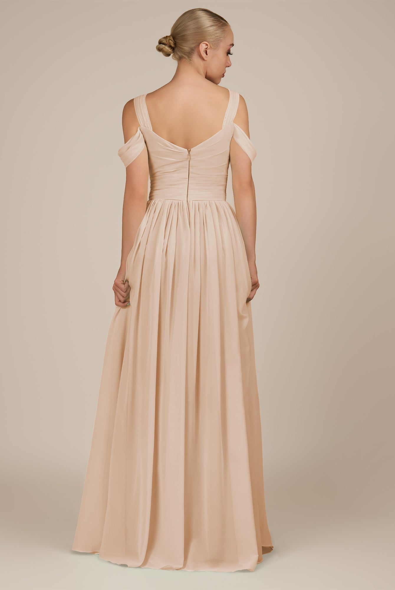 KissDress-Faye Pale Blush A Line Chiffon Off the Shoulder Pleated Long Bridesmaid Dress with Slit