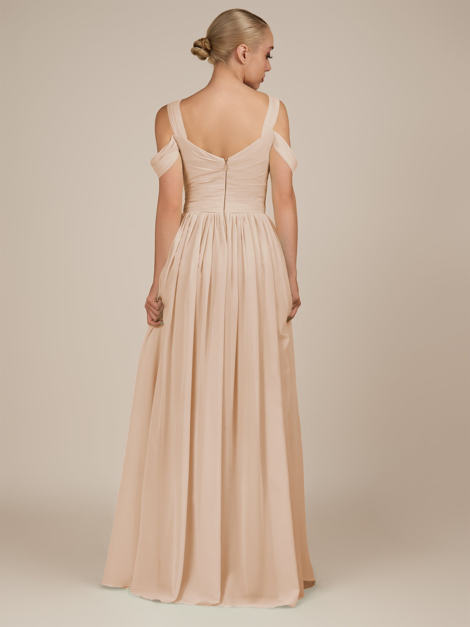 KissDress-Faye Pale Blush A Line Chiffon Off the Shoulder Pleated Long Bridesmaid Dress with Slit