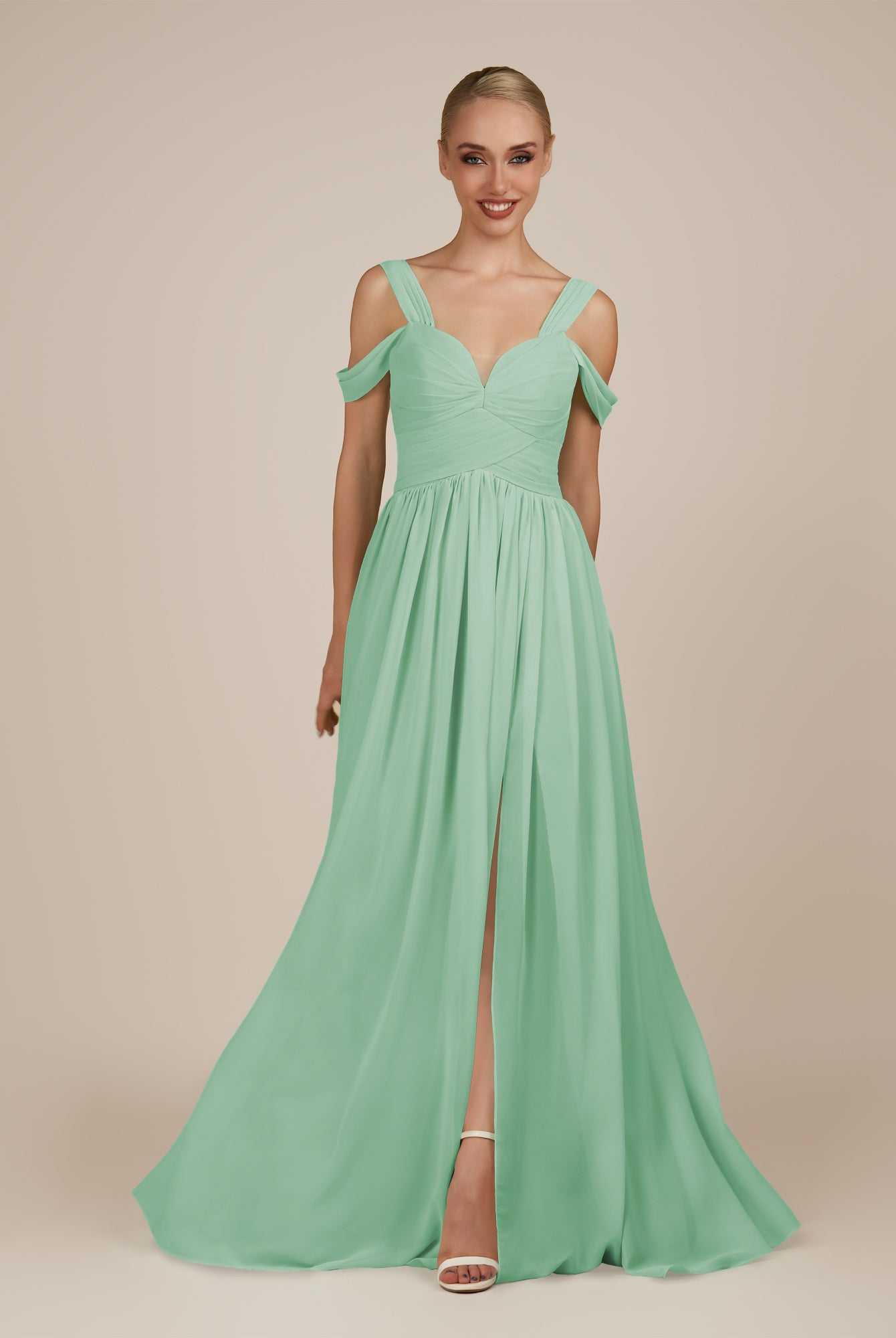 KissDress-Faye Pale Pistachio A Line Chiffon Off the Shoulder Pleated Long Bridesmaid Dress with Slit